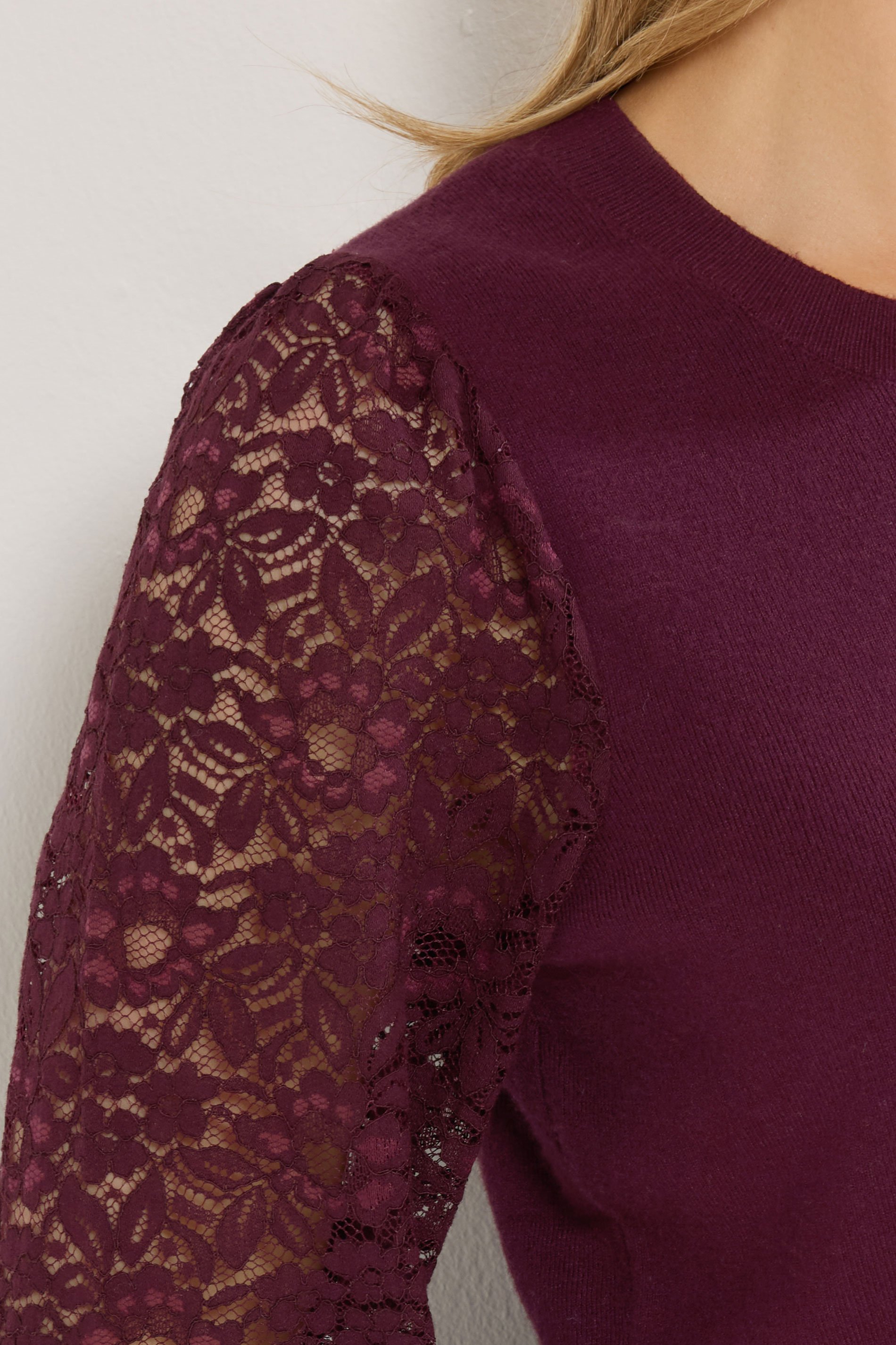 LTS Tall Burgundy Red Lace Sleeve Knit Jumper | Long Tall Sally 5