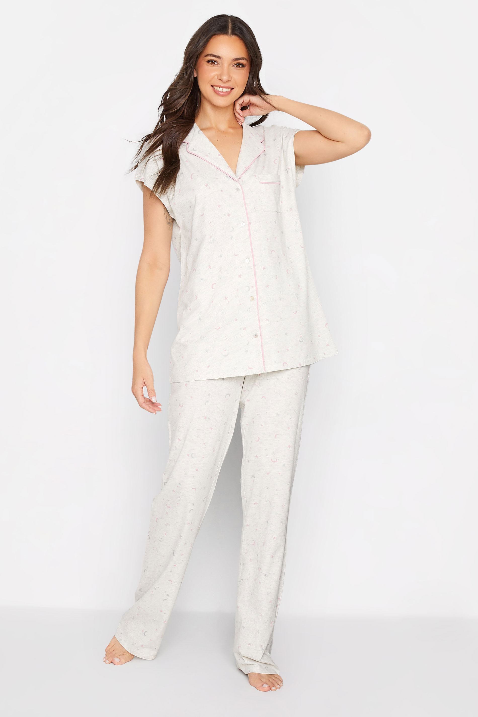 LTS Tall Women's Grey Moon & Star Print Cotton Pyjama Set | Long Tall Sally  1