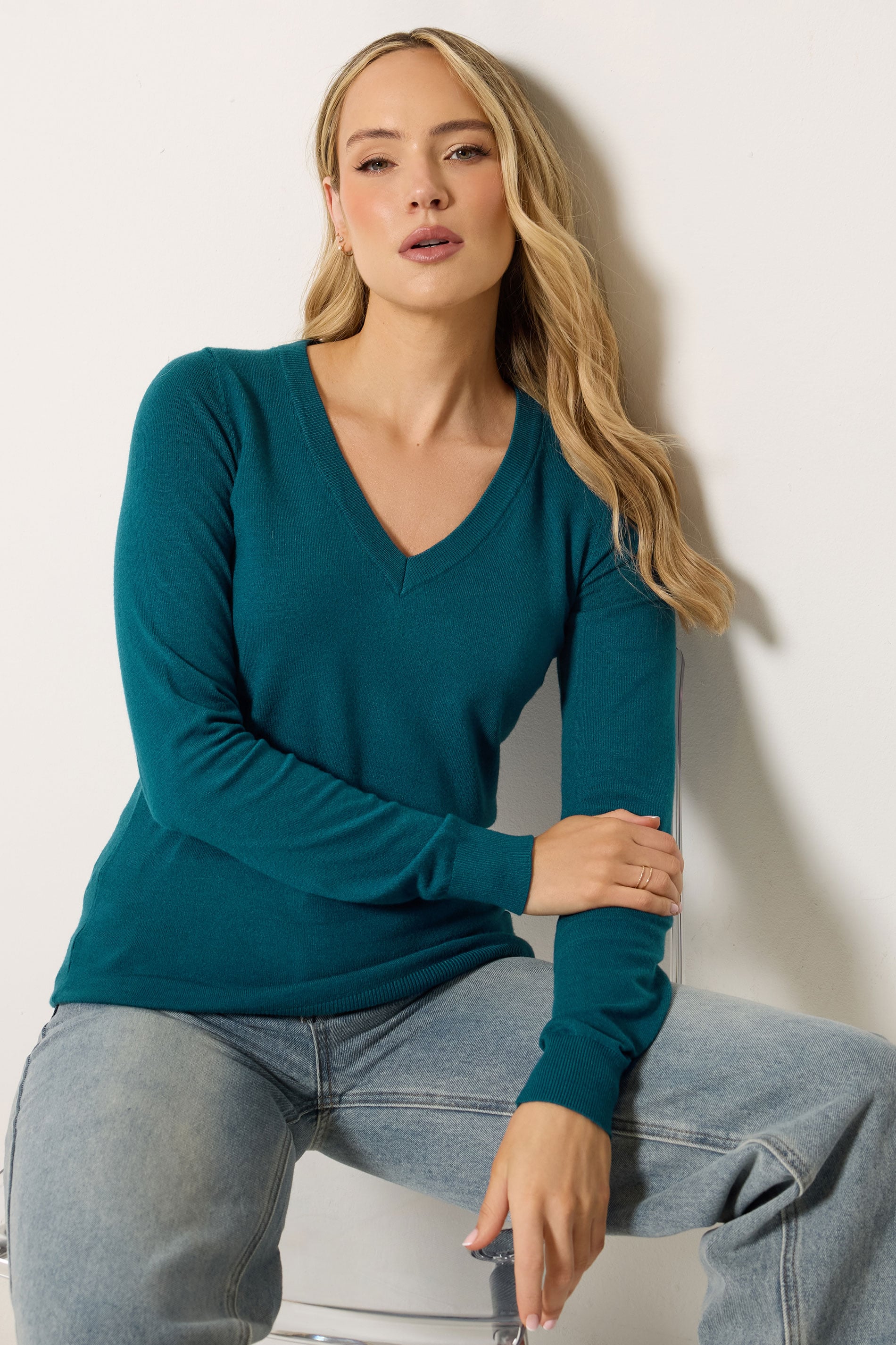 Lts Women's Blue Tall Teal Knitted Vneck Jumper Size 18-20