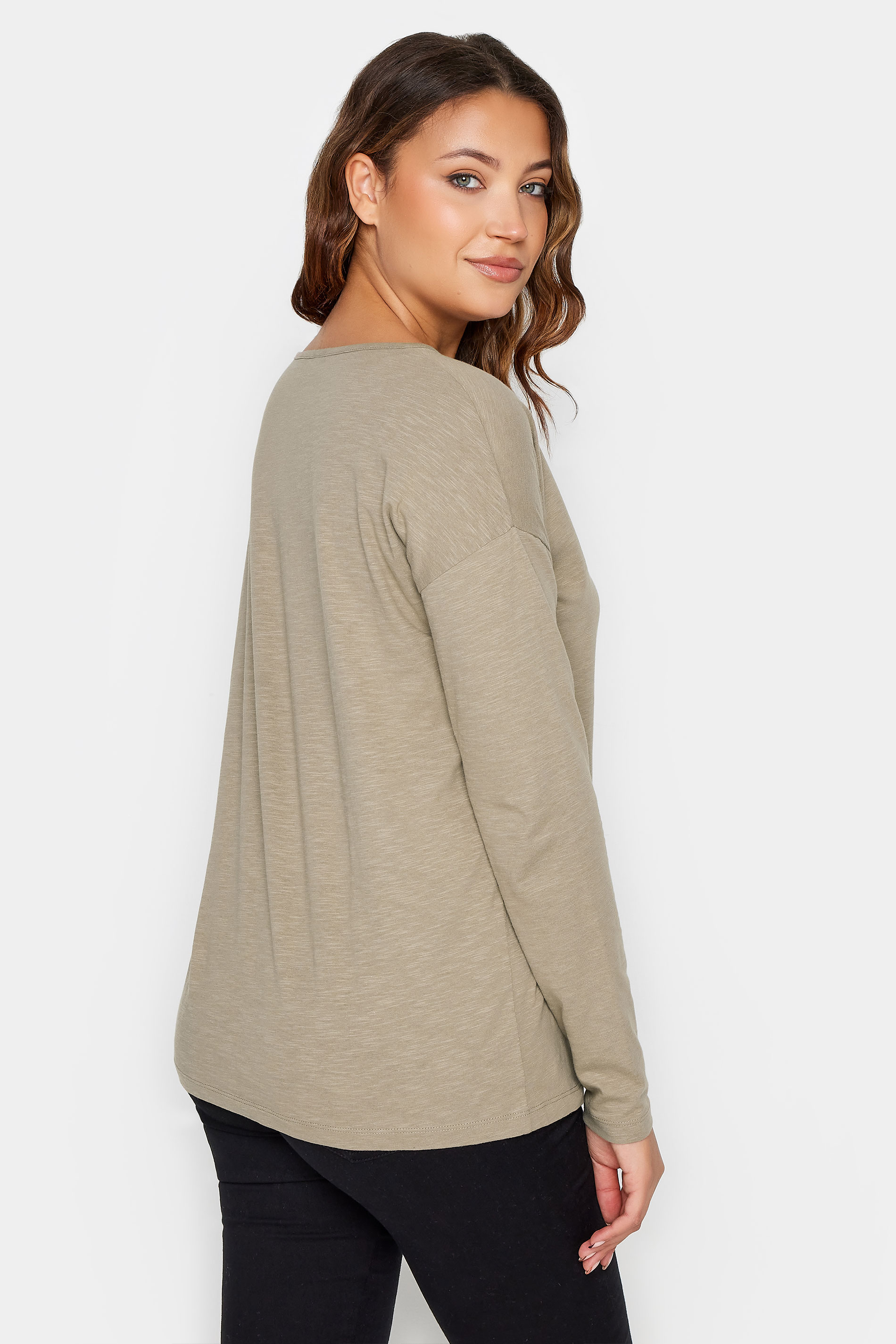 LTS Tall Natural Brown V-Neck Long Sleeve Cotton T-Shirt | Long Tall Sally 3