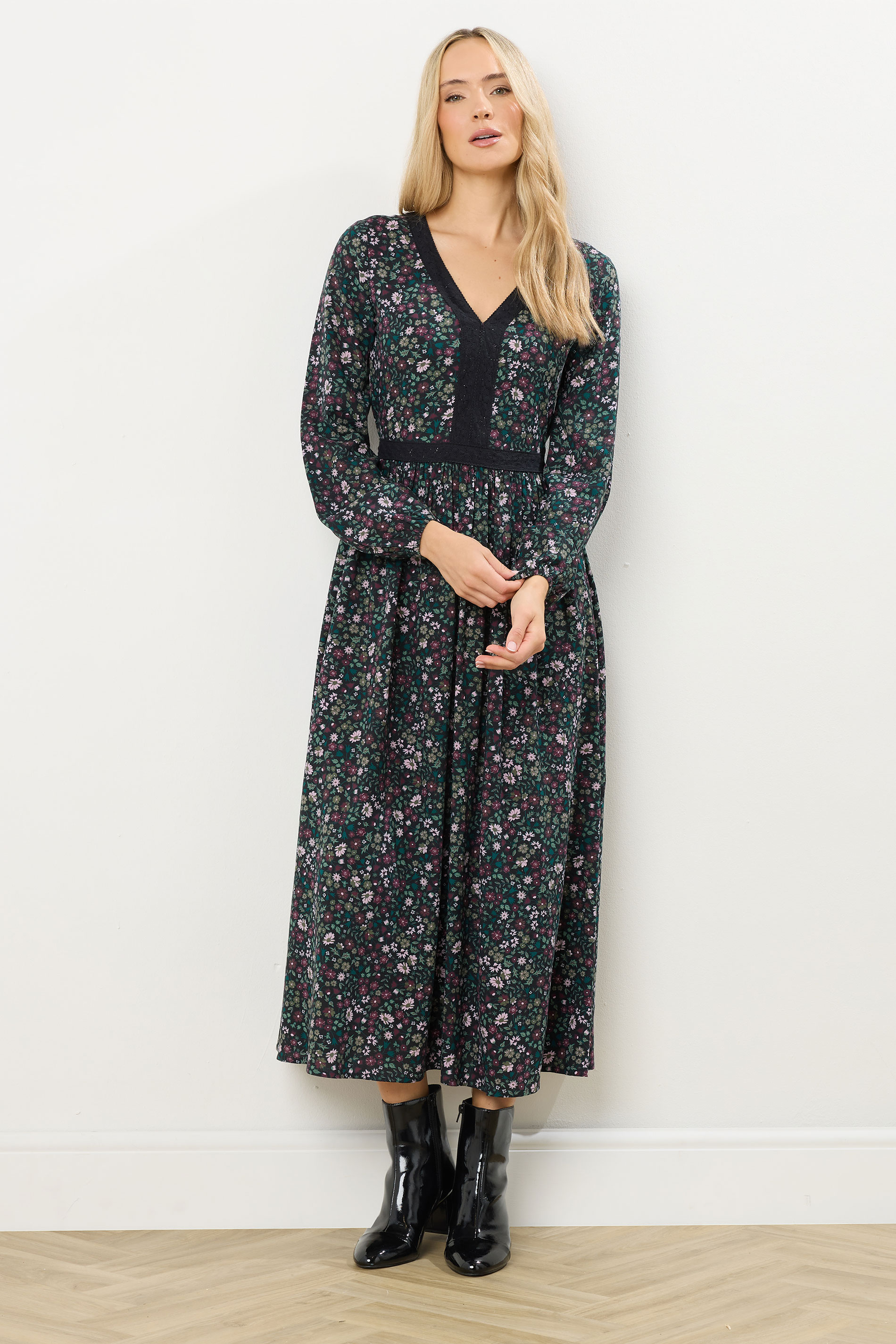 LTS Tall Dark Green Floral Lace Trim Maxi Dress | Long Tall Sally 2