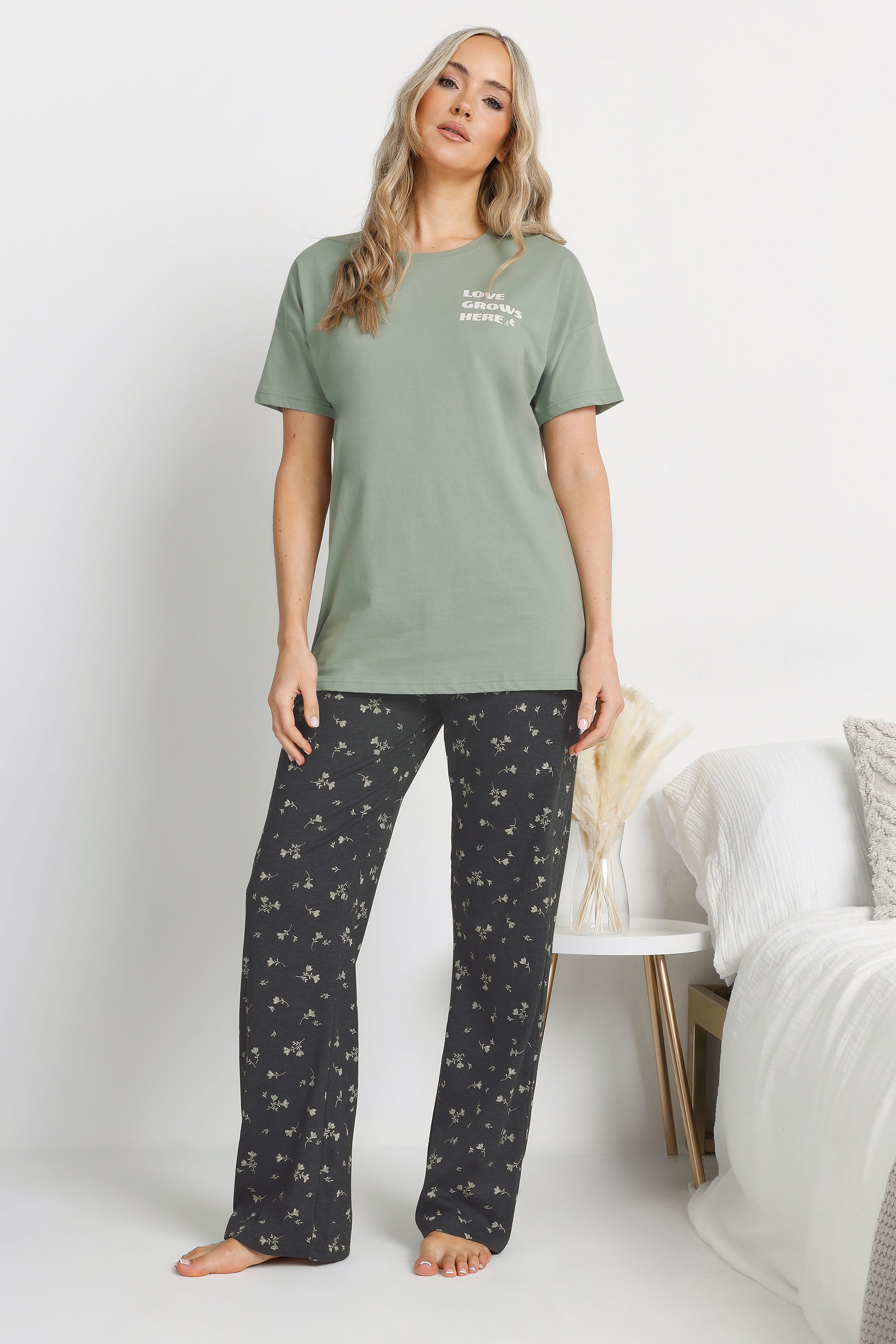 LTS Tall Sage Green Floral 'Love Grows Here' Slogan Pyjama Set | Long Tall Sally 1