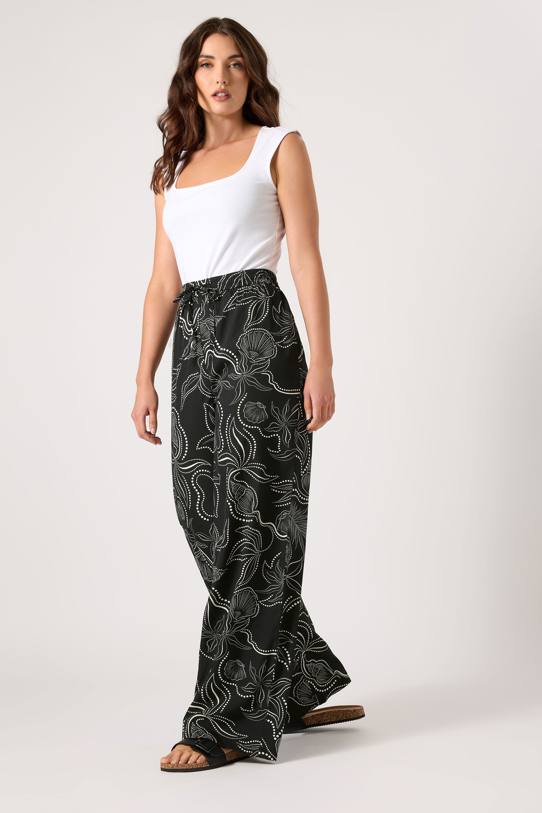 LTS Tall Black Shell Print Wide Leg Trousers | Long Tall Sally 1