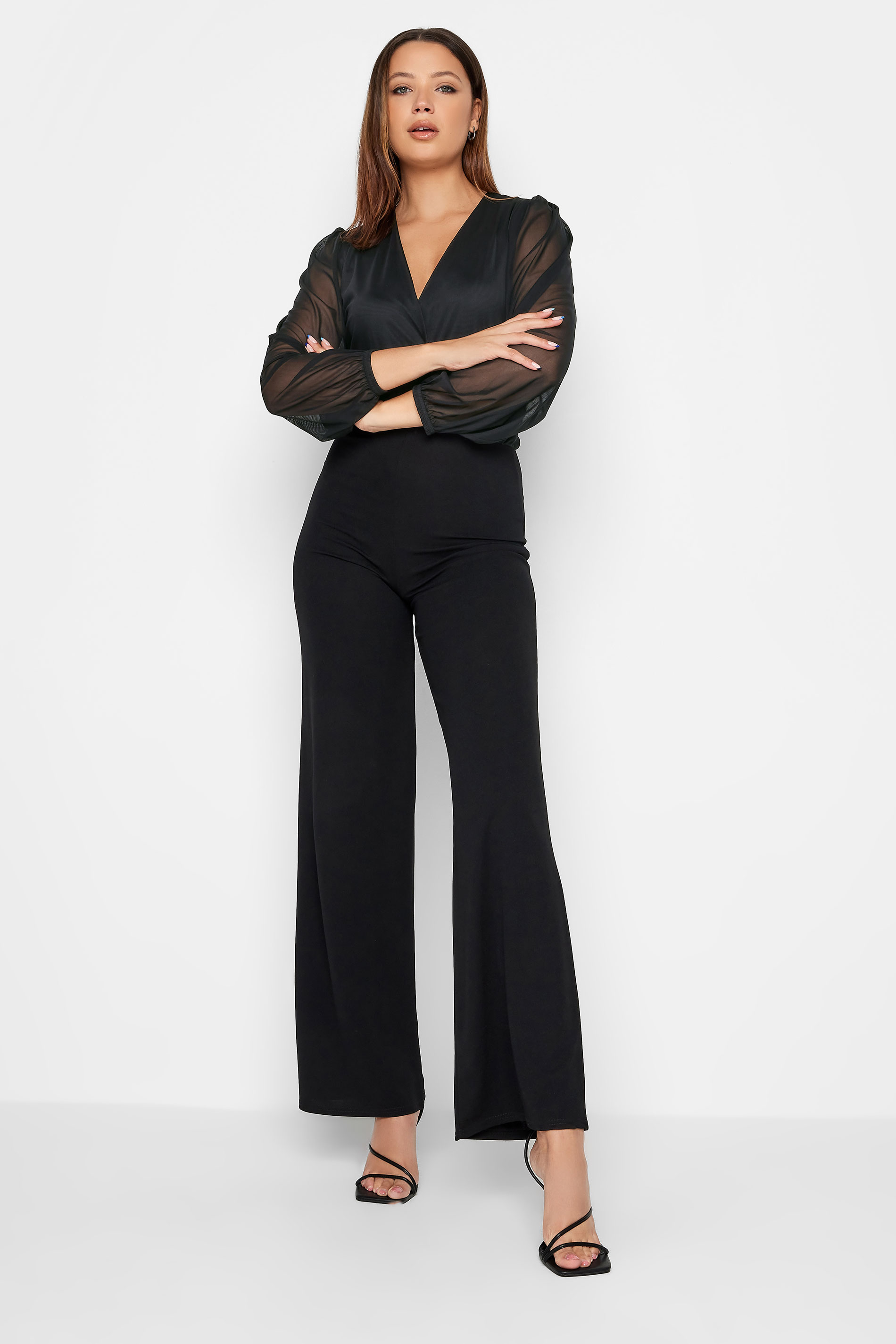 LTS Tall Black Wrap Mesh Sleeve Jumpsuit | Long Tall Sally  2