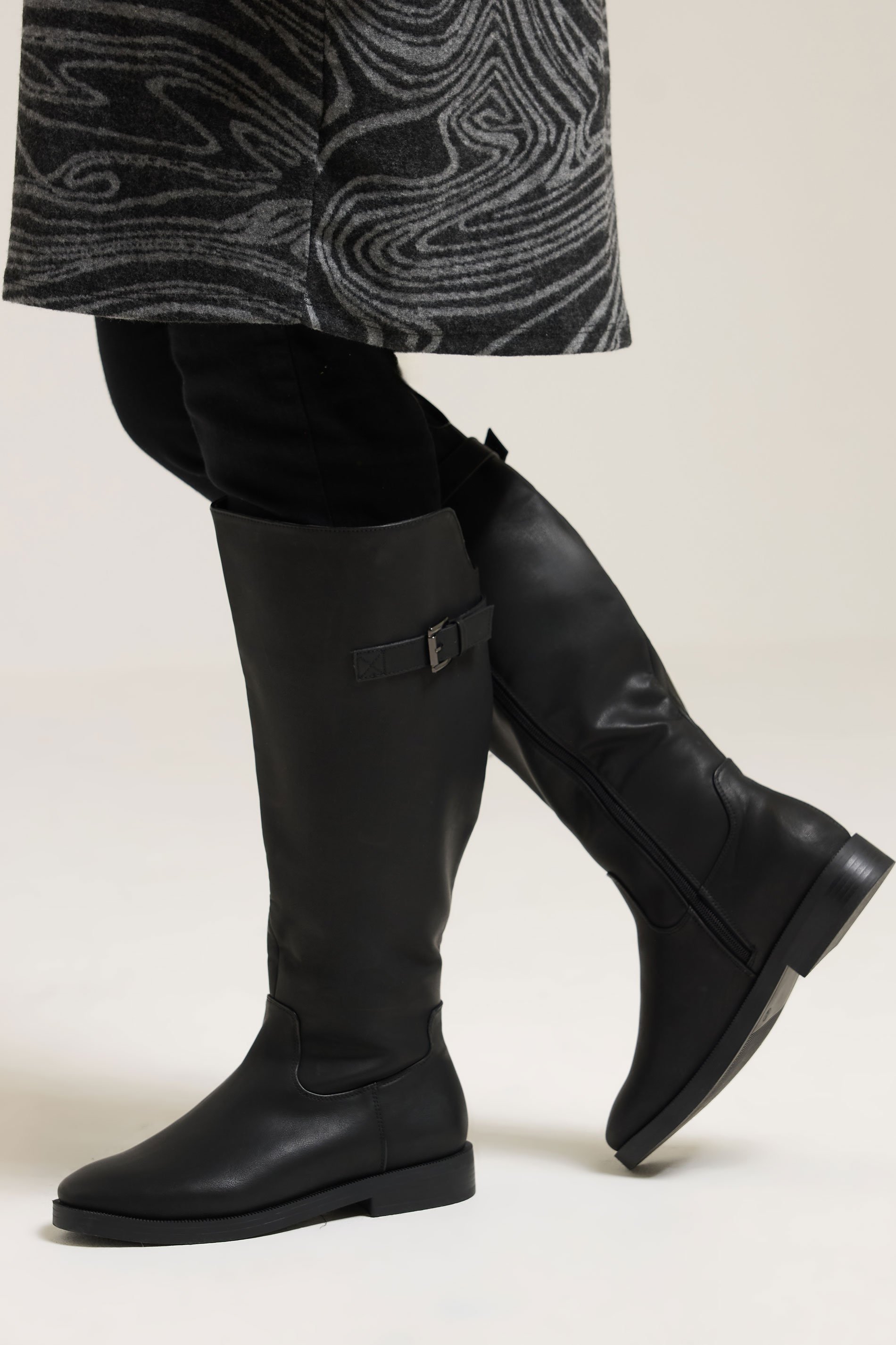 Black Faux Leather Buckle Detail Knee High Boots In Extra Wide EEE Fit | Yours Clothing 1