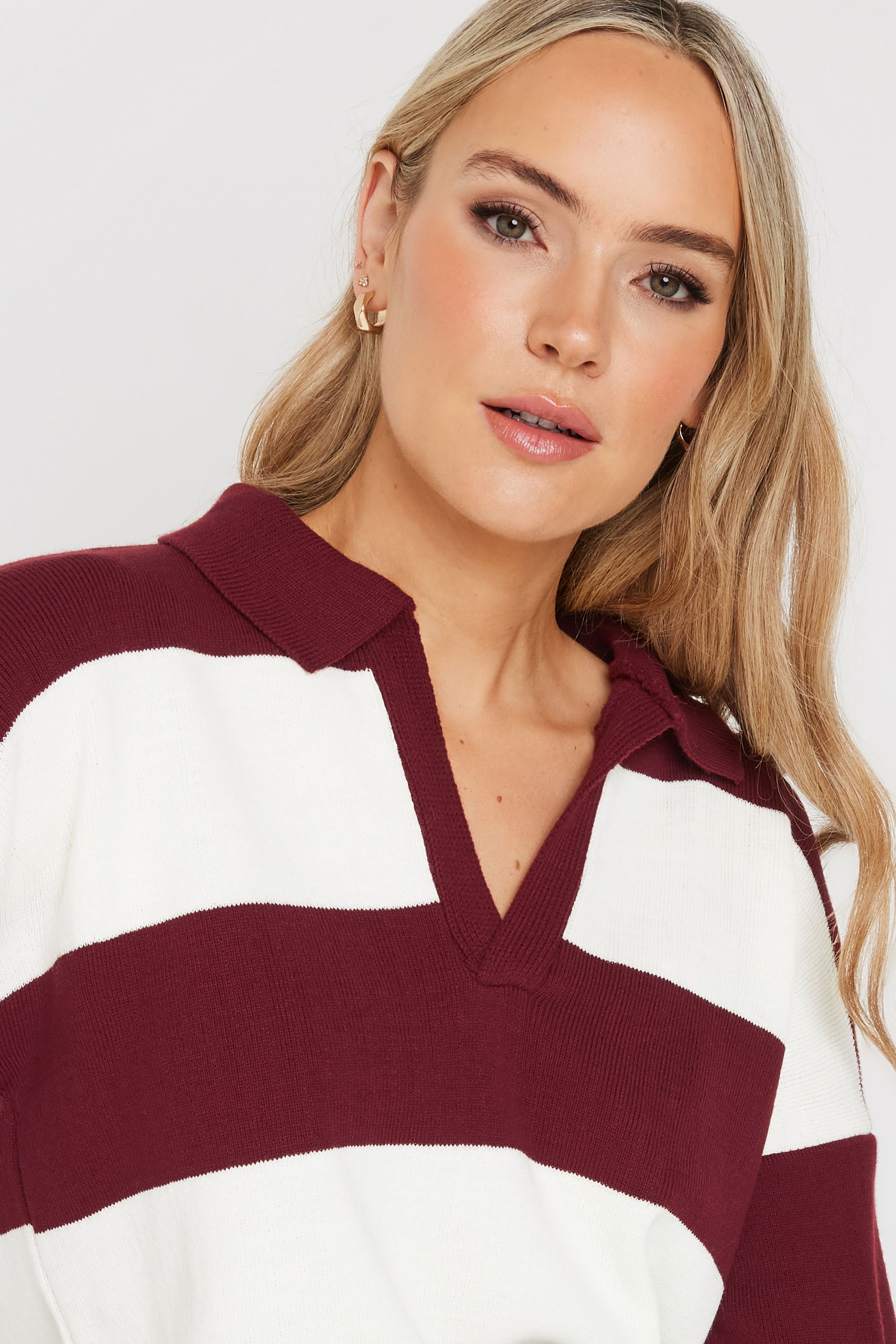LTS Tall Burgundy Red Knitted Stripe Collared Jumper | Long Tall Sally 4