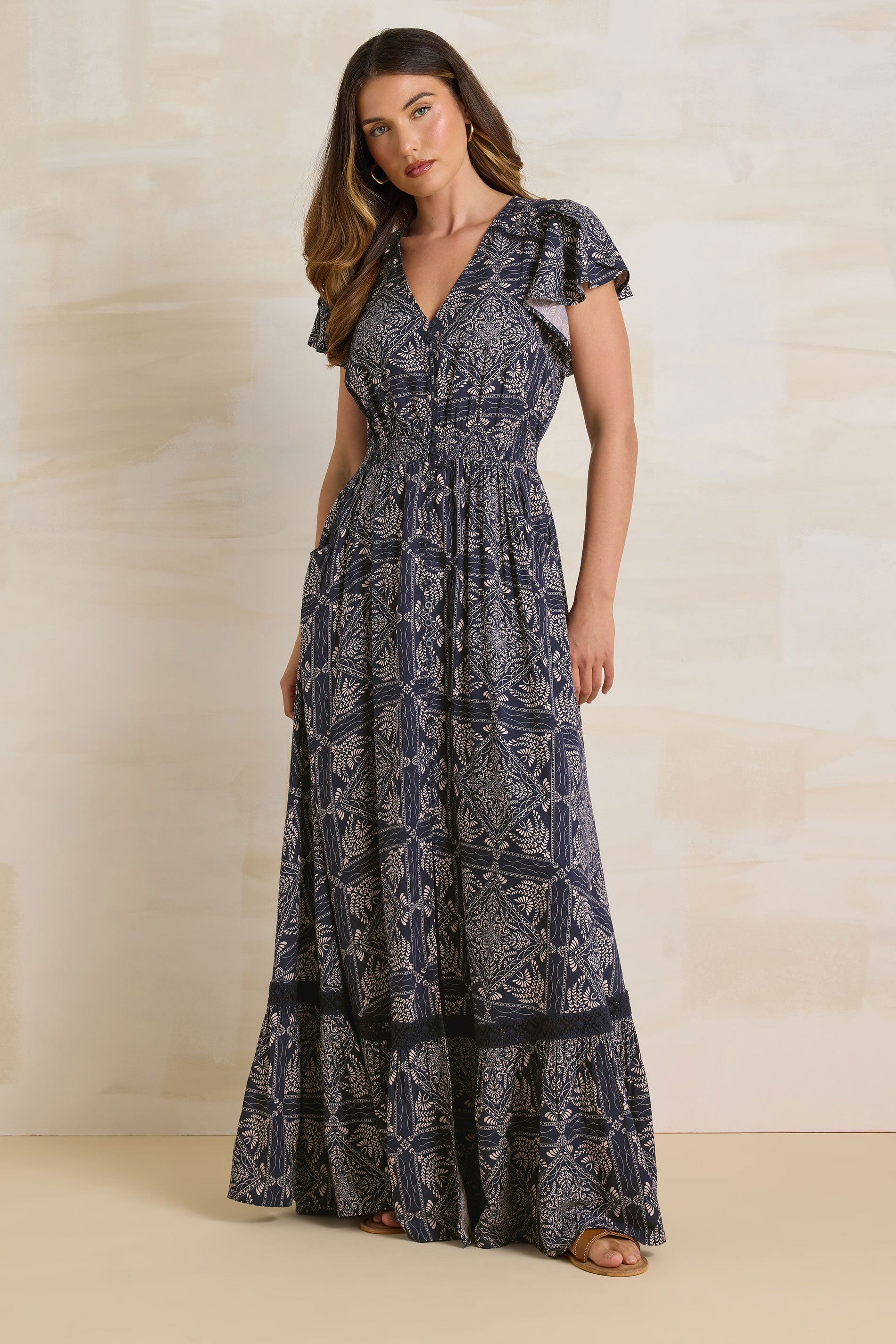 LTS Tall Navy Blue Tile Print Button Lace Insert Maxi Dress | Long Tall Sally 2