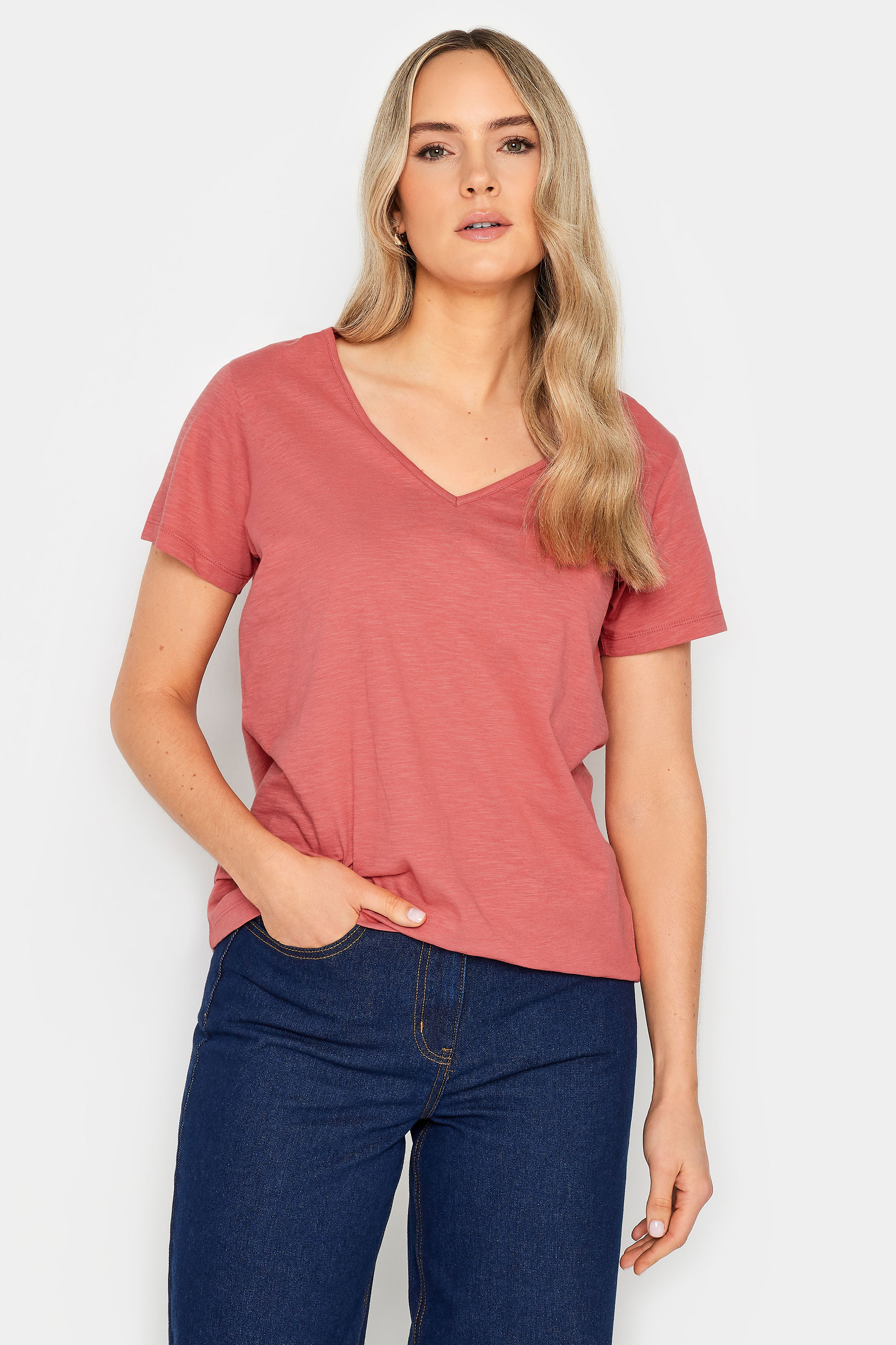 LTS Tall Womens 2 PACK Navy Blue & Coral Pink Stripe V-Neck T-Shirts | Long Tall Sally 3