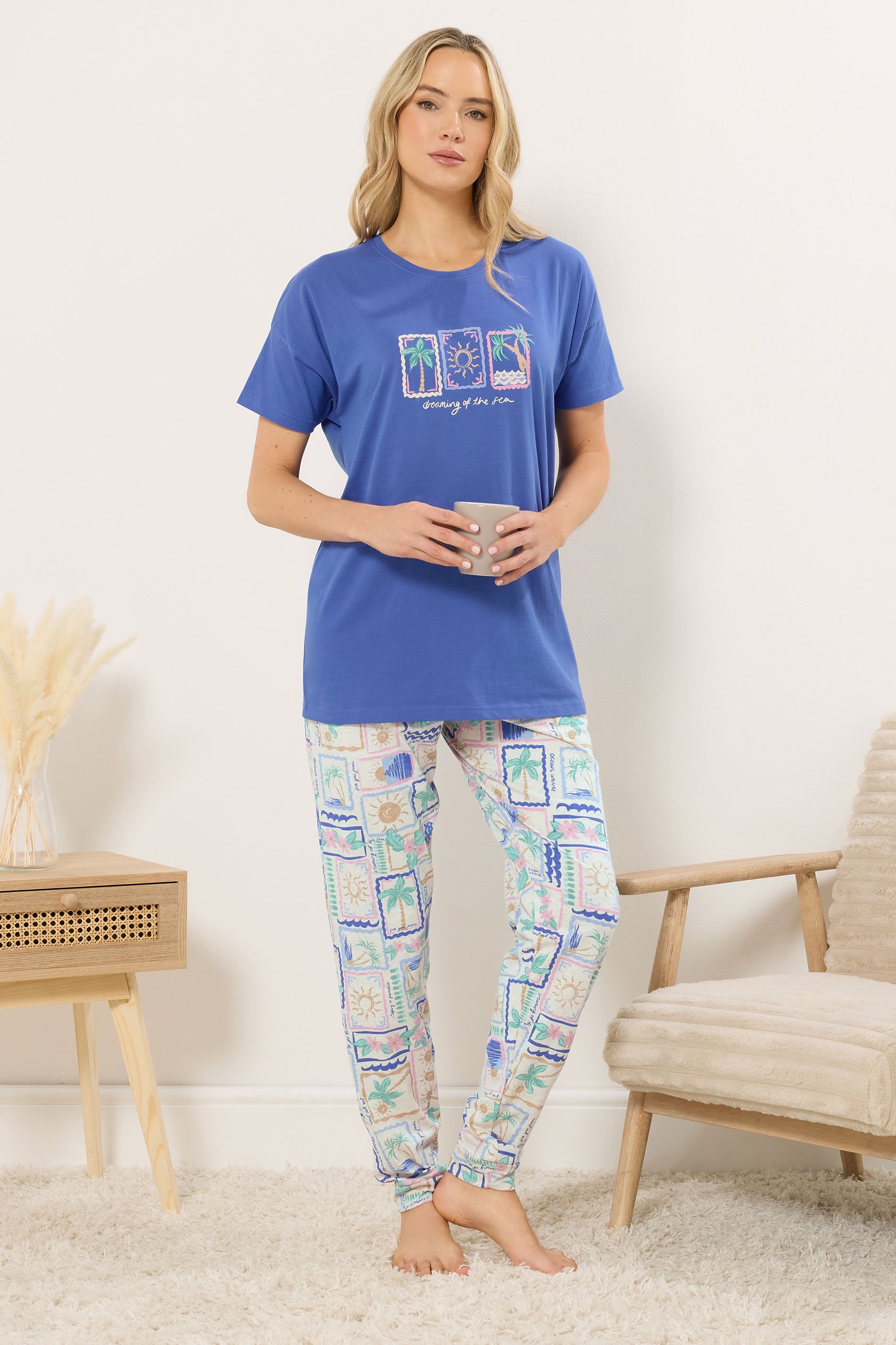 LTS Tall Women's Blue 'Dreaming Of The Sea' Slogan Pyjama Set | Long Tall Sally 1