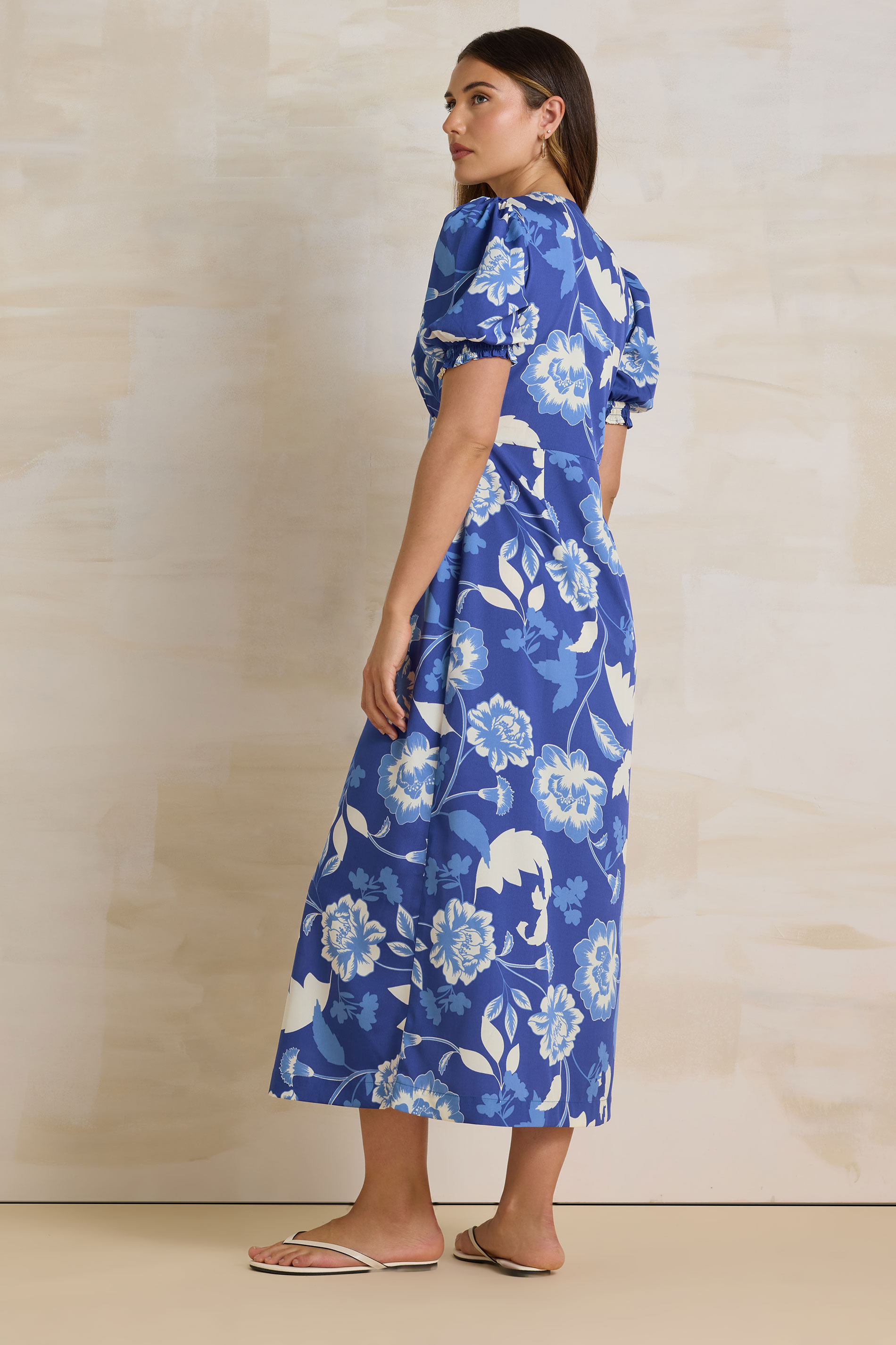 LTS Tall Blue Floral Puff Sleeve Midi Tea Dress | Long Tall Sally 3