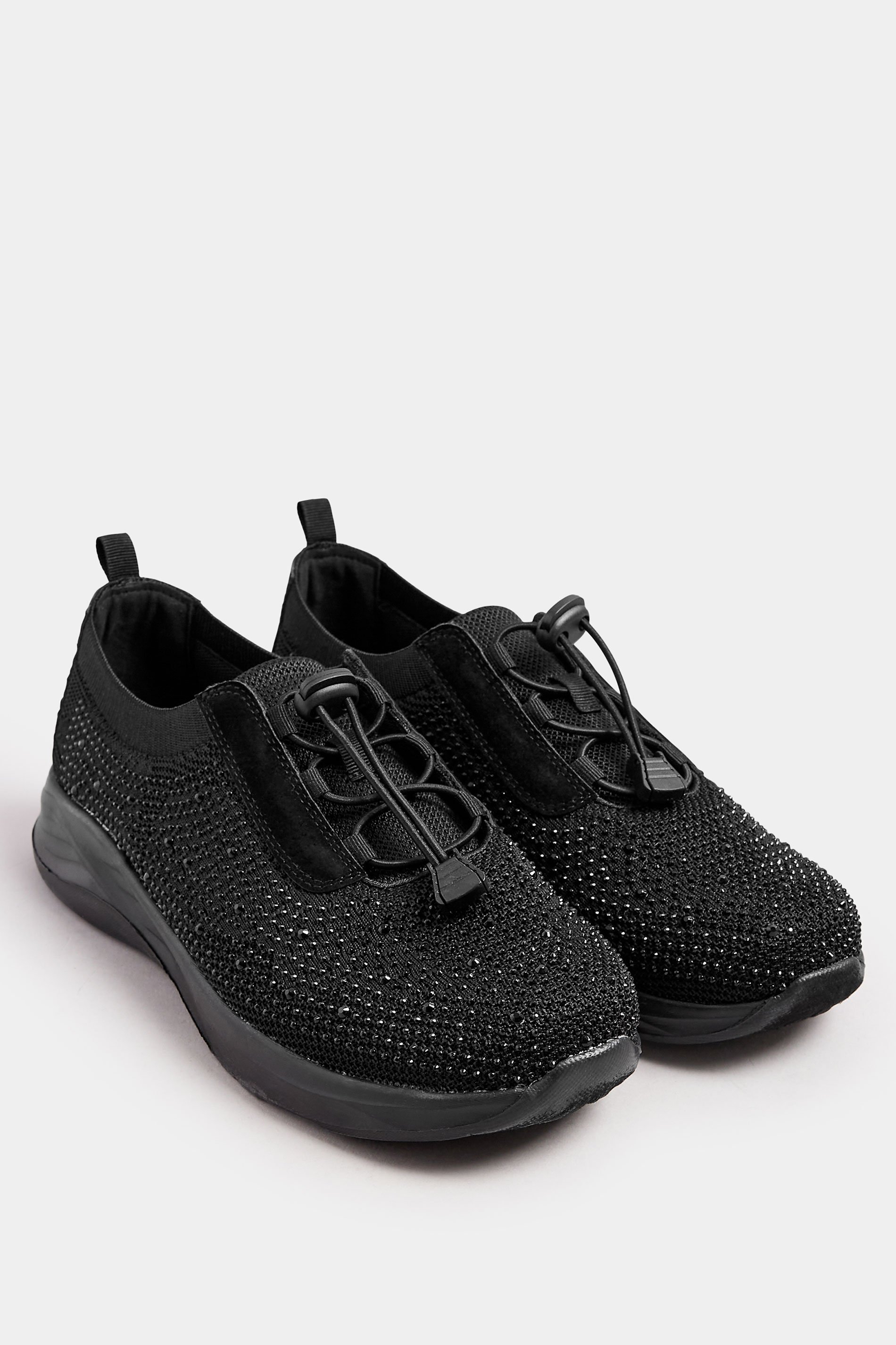 Black Diamante Embellished Drawcord Trainers In Extra Wide EEE Fit | Yours Clothing 2