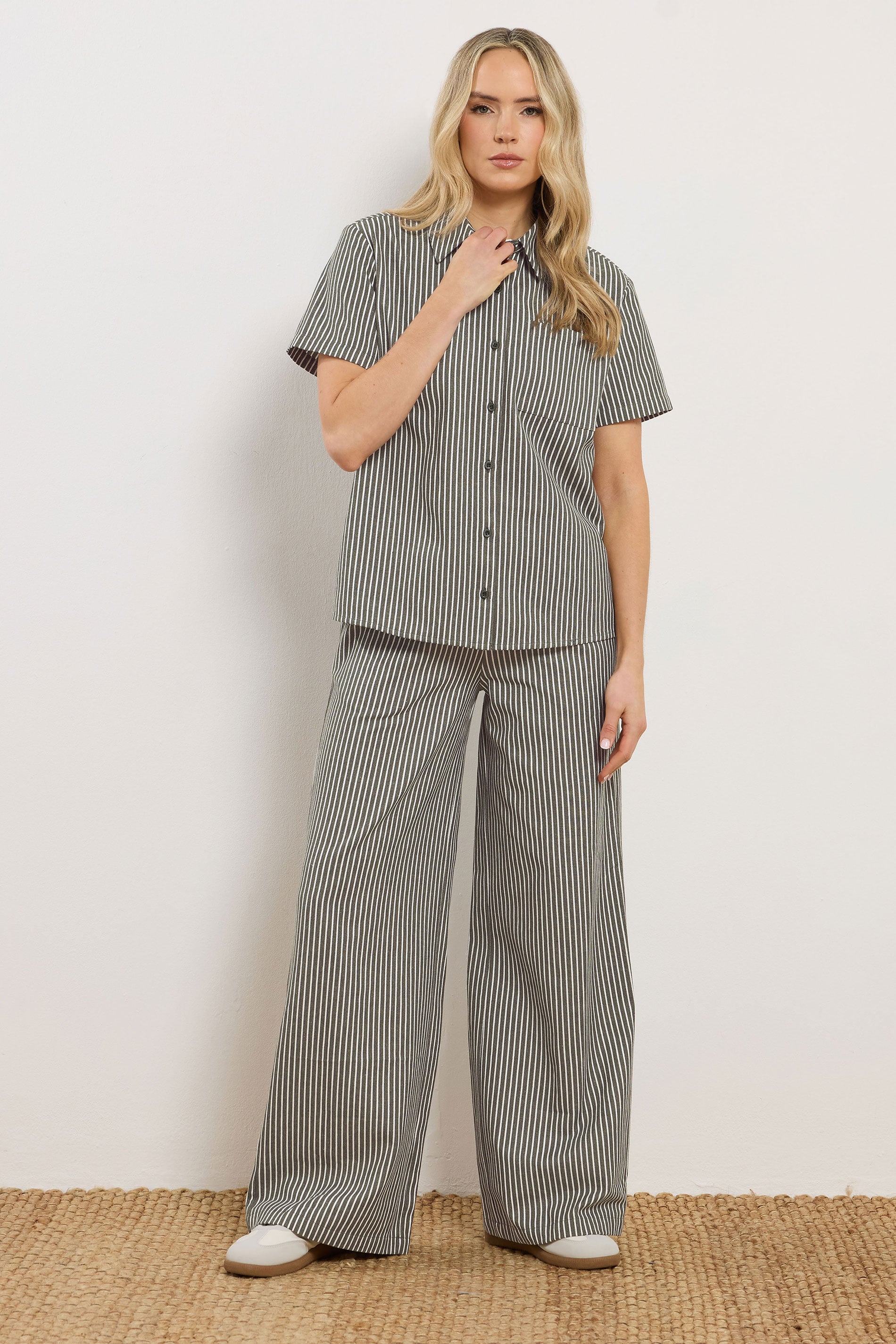 LTS Tall Women's Set Olive Green Stripe Button Cotton Shirt & Trousers | Long Tall Sally 3