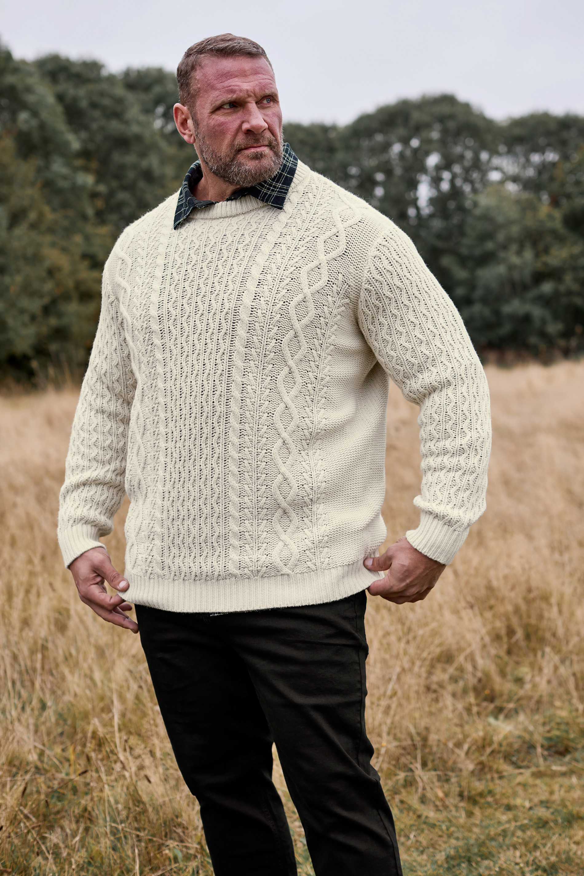 BadRhino Big & Tall Cream Crew Neck Cable Knit Jumper | BadRhino 1