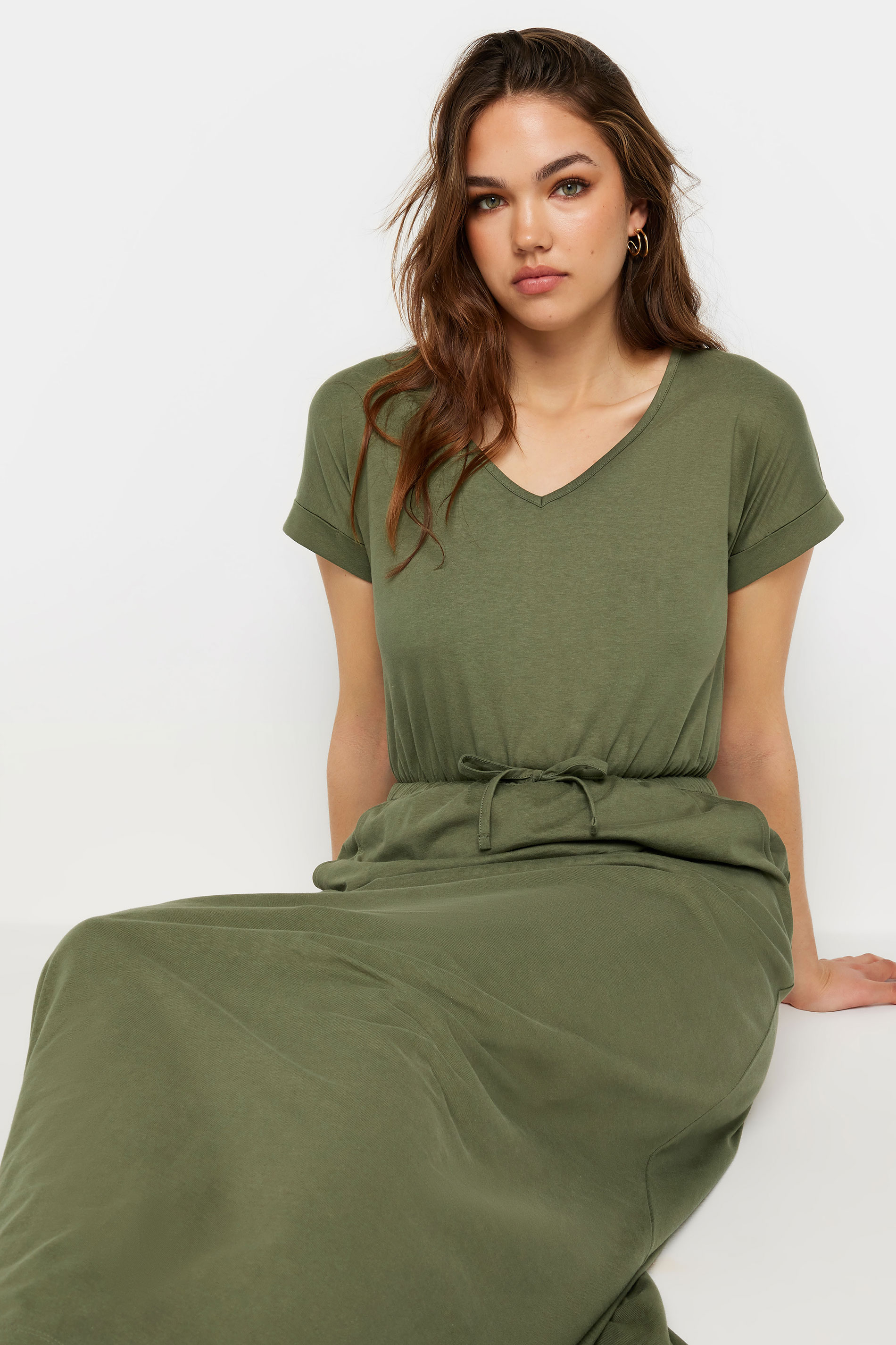 LTS Tall Women's Khaki Green Tie Waist Maxi T-Shirt Dress | Long Tall Sally 1