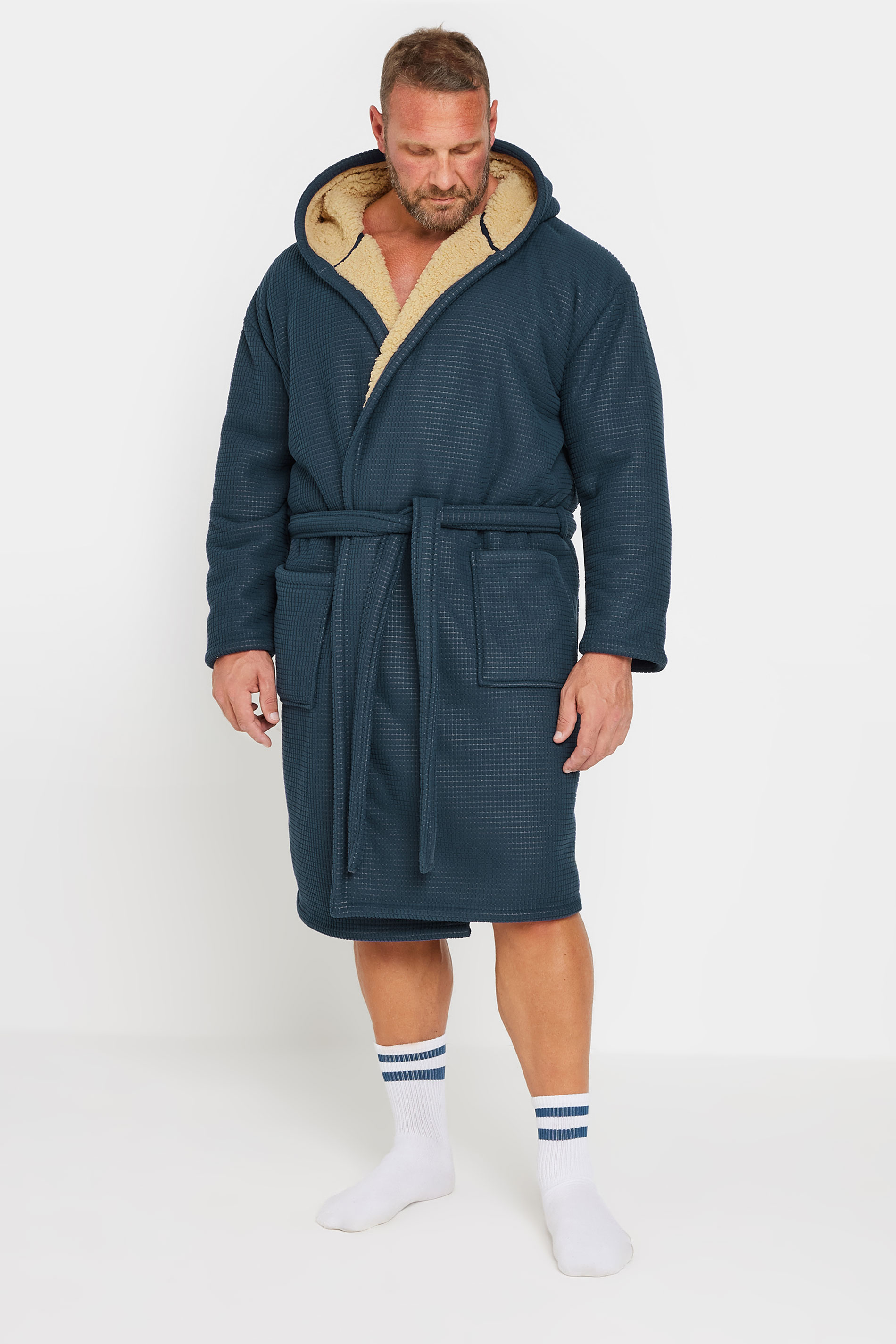 BadRhino Big & Tall Navy Blue Waffle Borg Lined Dressing Gown | BadRhino 2