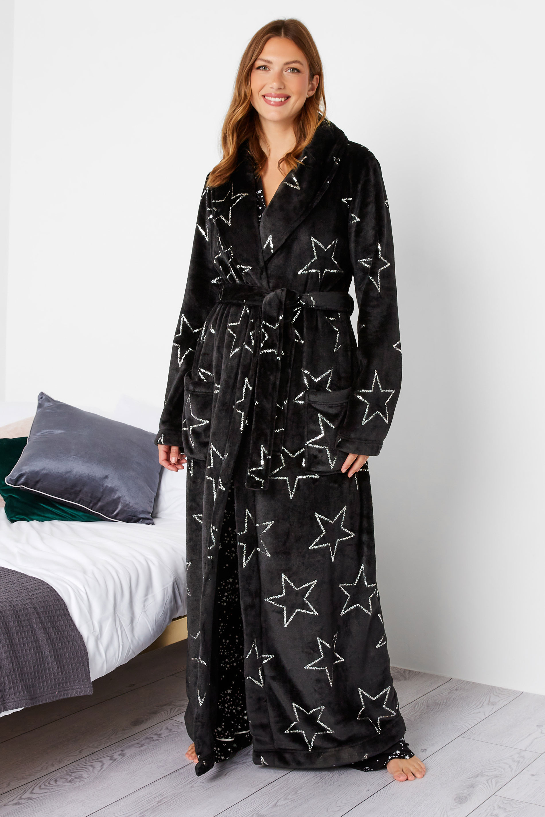 LTS Tall Women's Black Foil Star Print Maxi Dressing Gown | Long Tall Sally 1