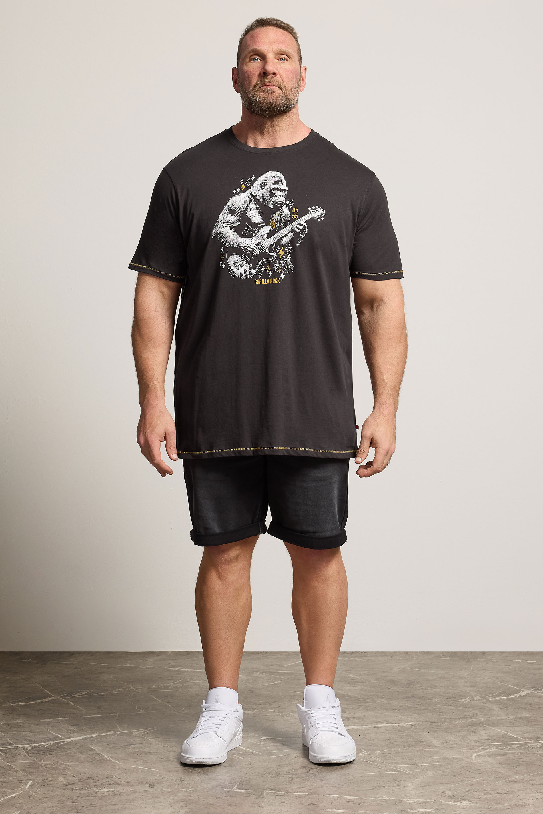 D555 Big & Tall Washed Black Gorilla Guitar Print T-Shirt | BadRhino 1