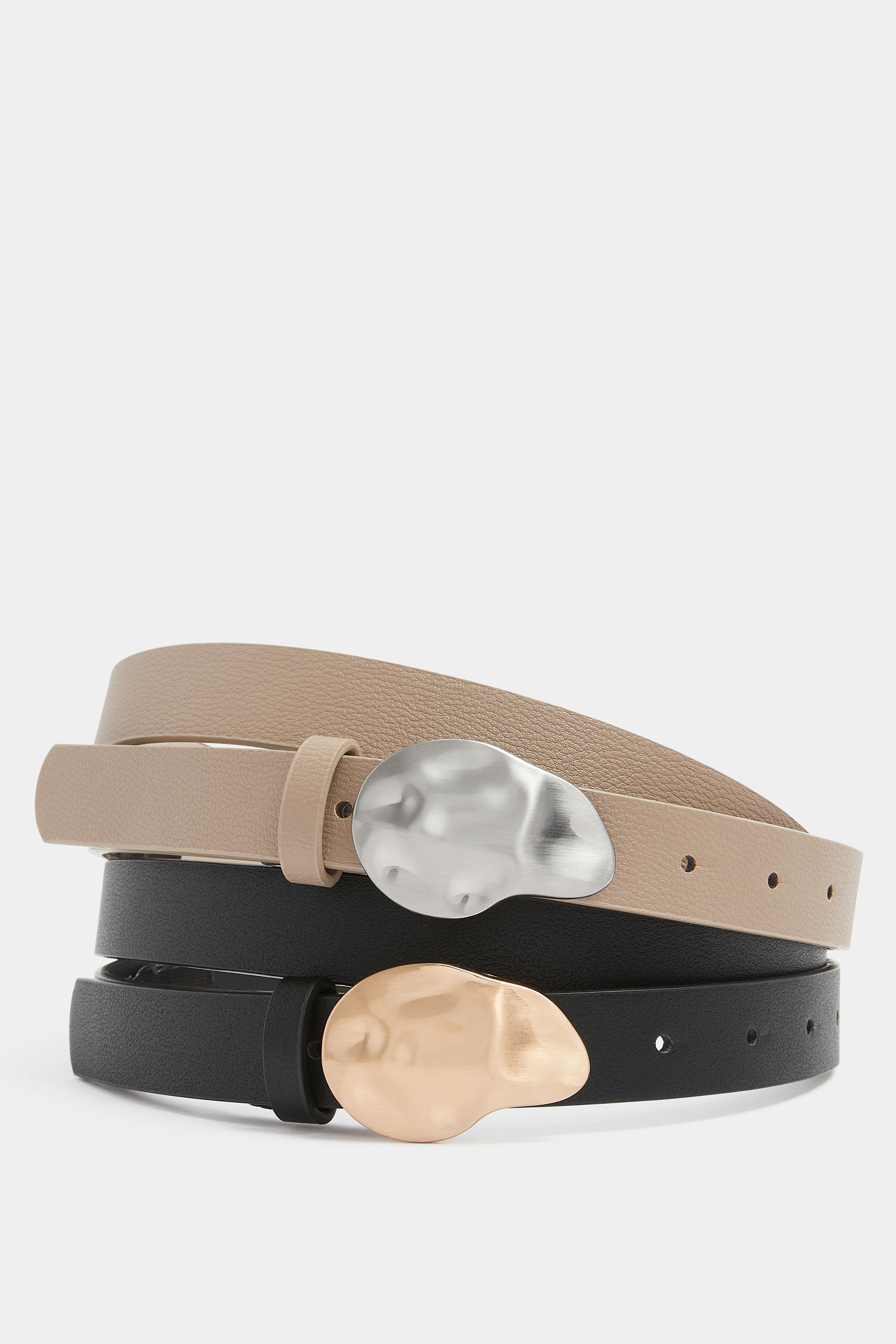 YOURSET 2 PACK Black & Taupe Brown Hammered Detail Belts | Yours Clothing 3