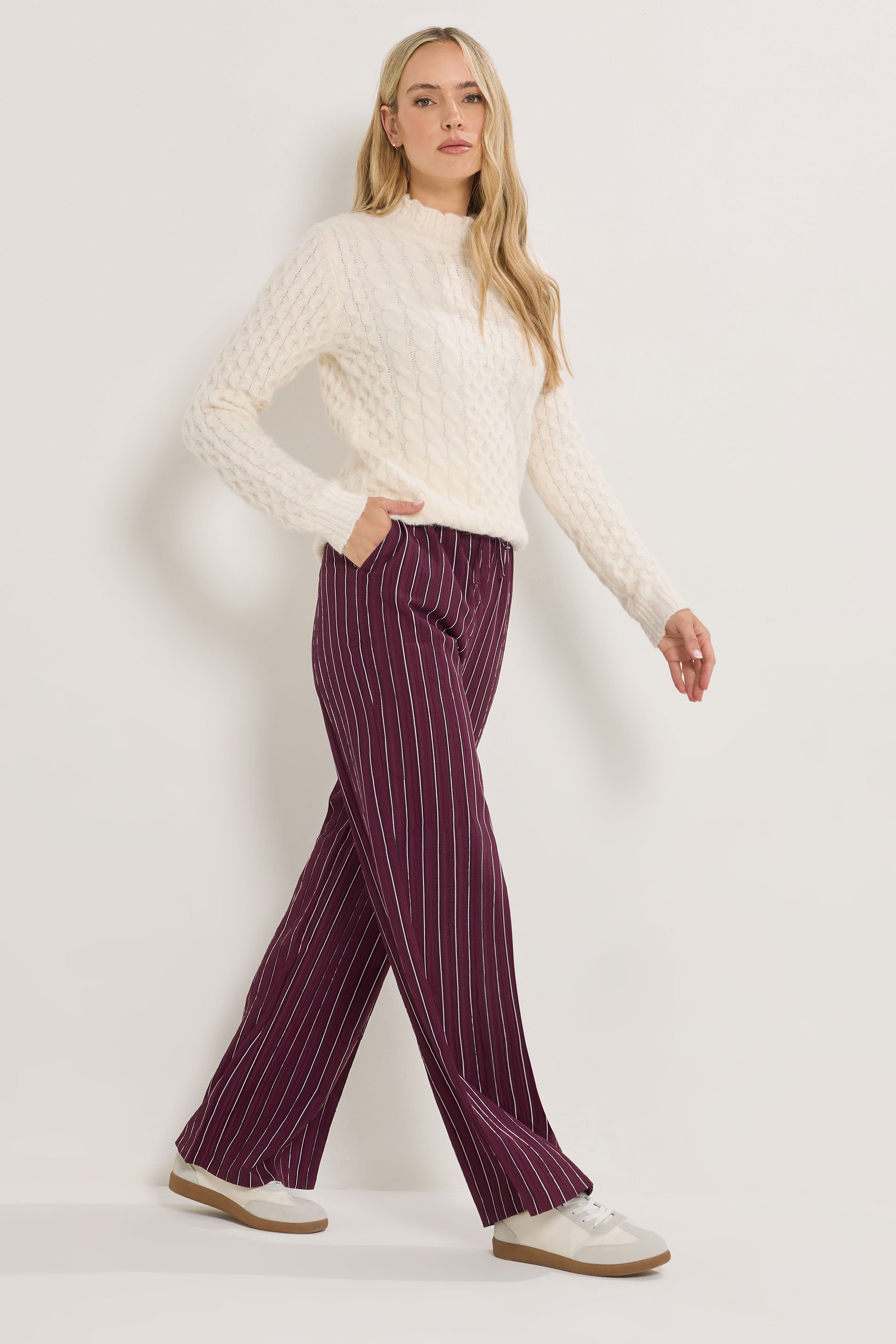 LTS Tall Burgundy Red Striped Wide Leg Trousers | Long Tall Sally 1