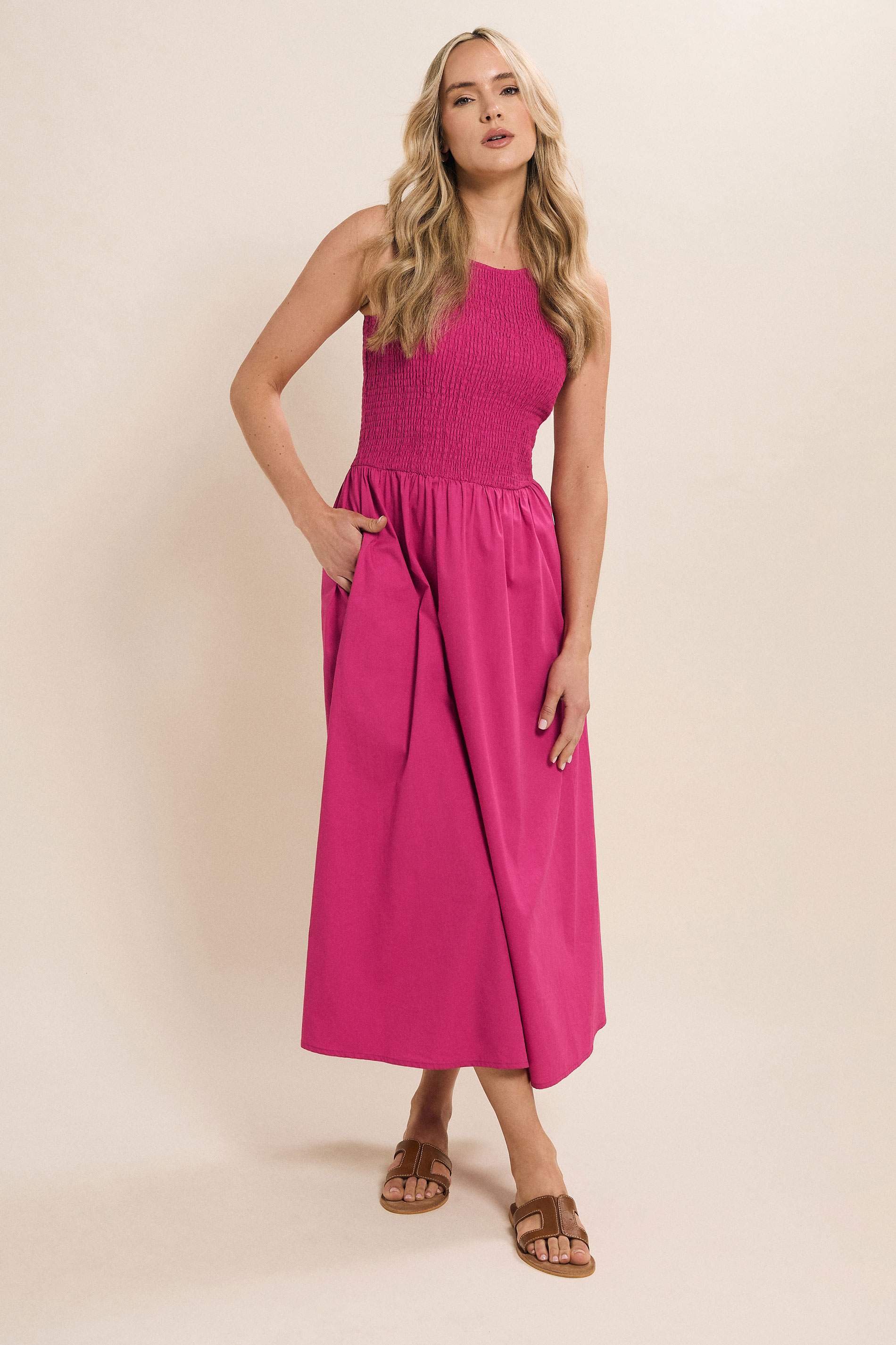 LTS Tall Hot Pink Cotton Shirred Full Skirt Midaxi Dress | Long Tall Sally 2