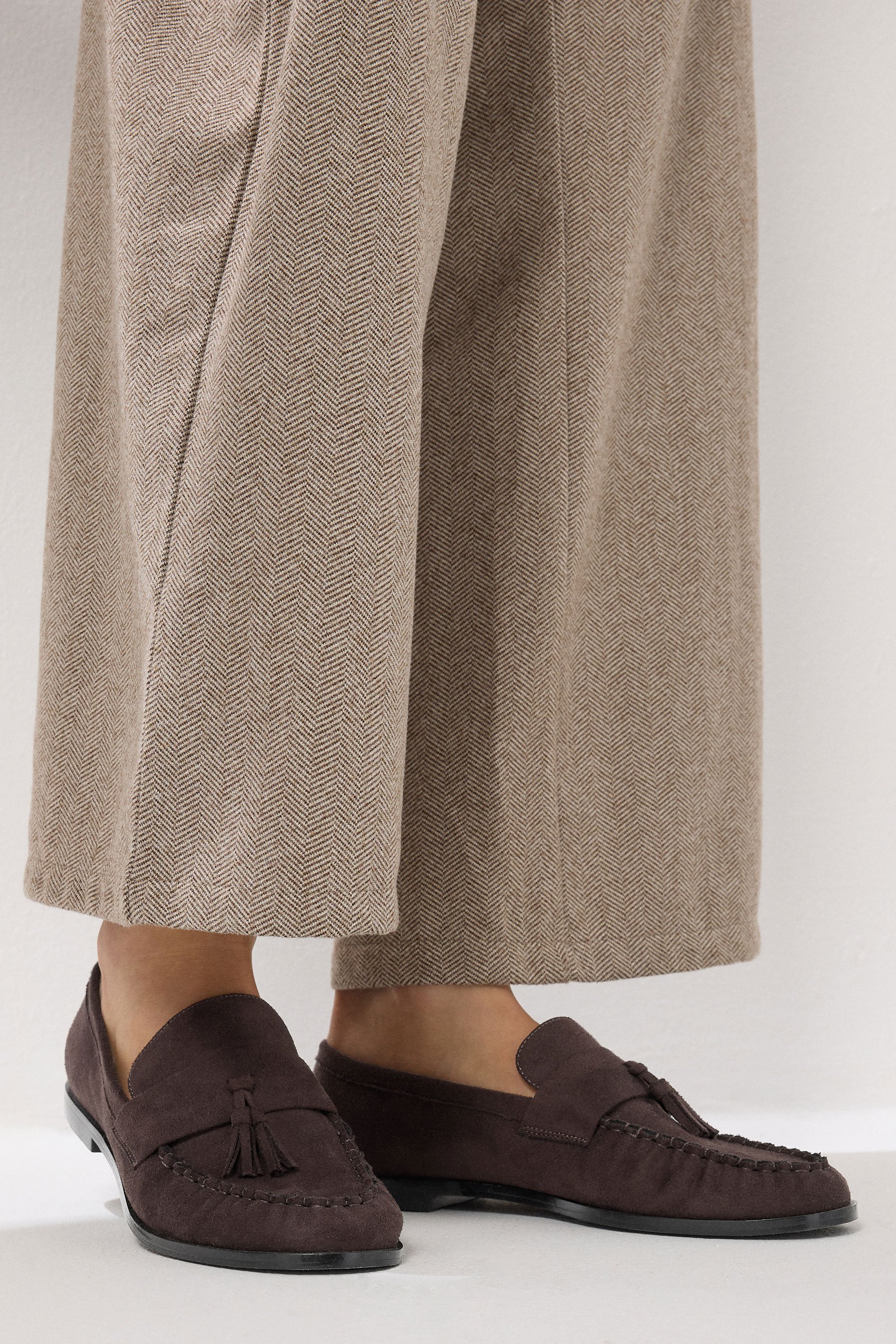 LTS Chocolate Brown Faux Suede Tassel Flat Loafers | Long Tall Sally 1