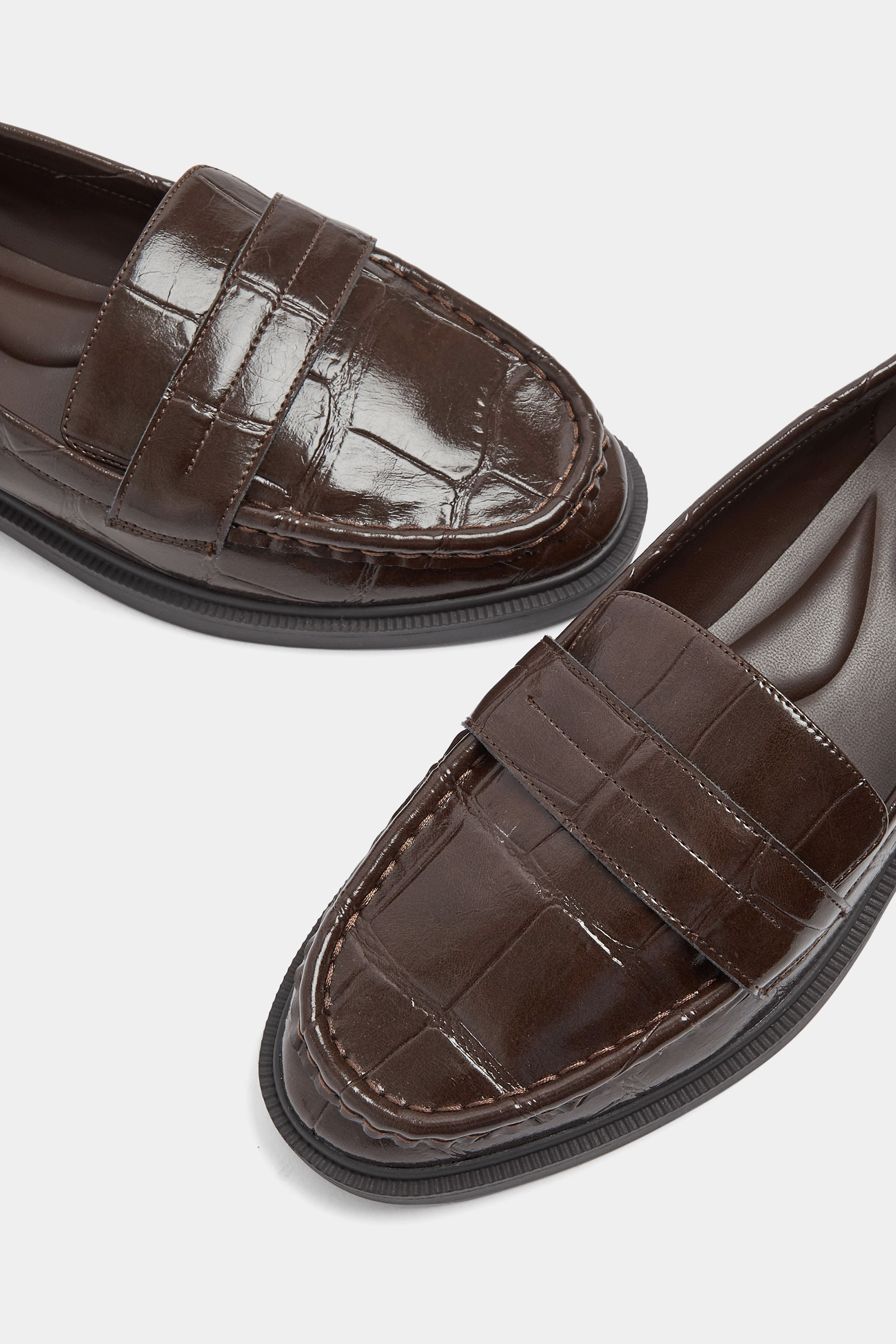 Chocolate Brown Croc Embossed Loafers In Wide E Fit | Yours Clothing 4