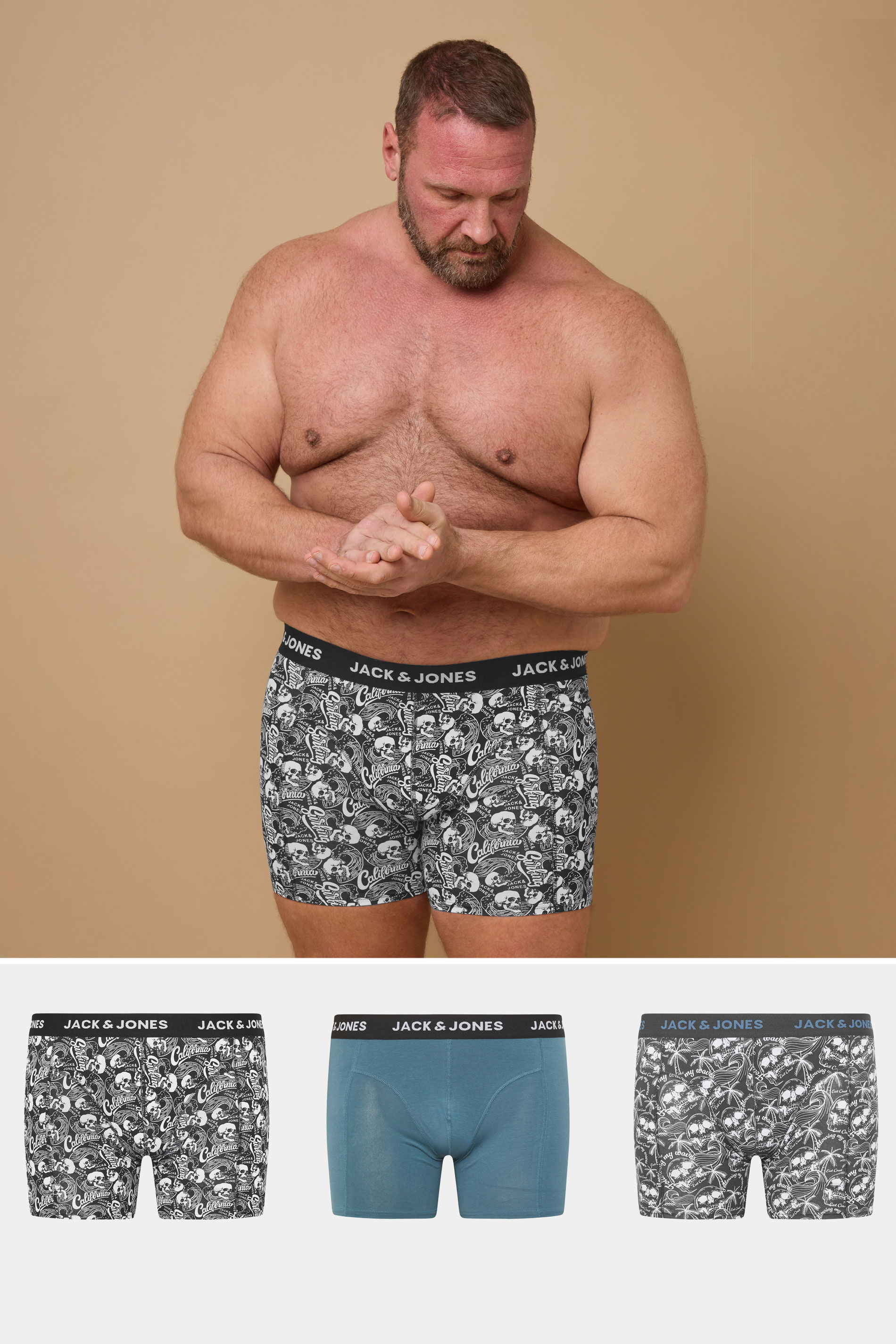 JACK & JONES Big & Tall 3 PACK Blue & Skull Print Boxers | BadRhino 1