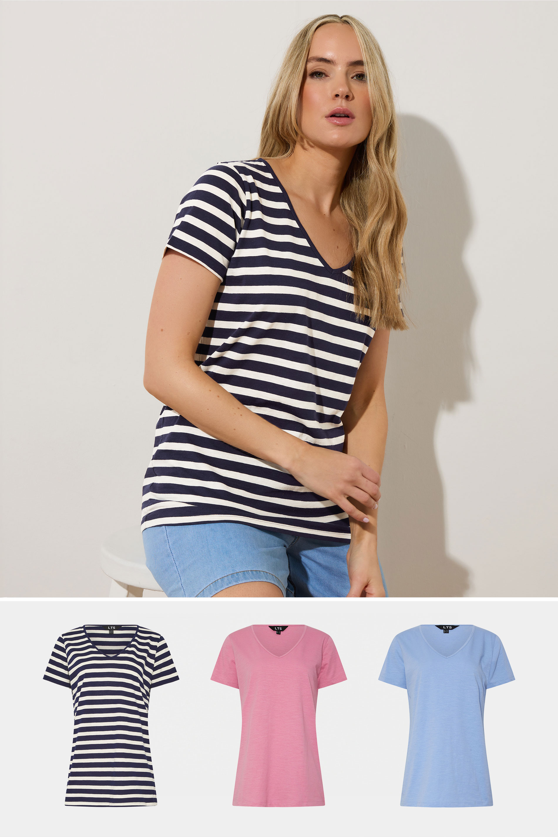 LTS Tall 3 PACK Blue & Pink Stripe V-Neck T-Shirts | Long Tall Sally 1