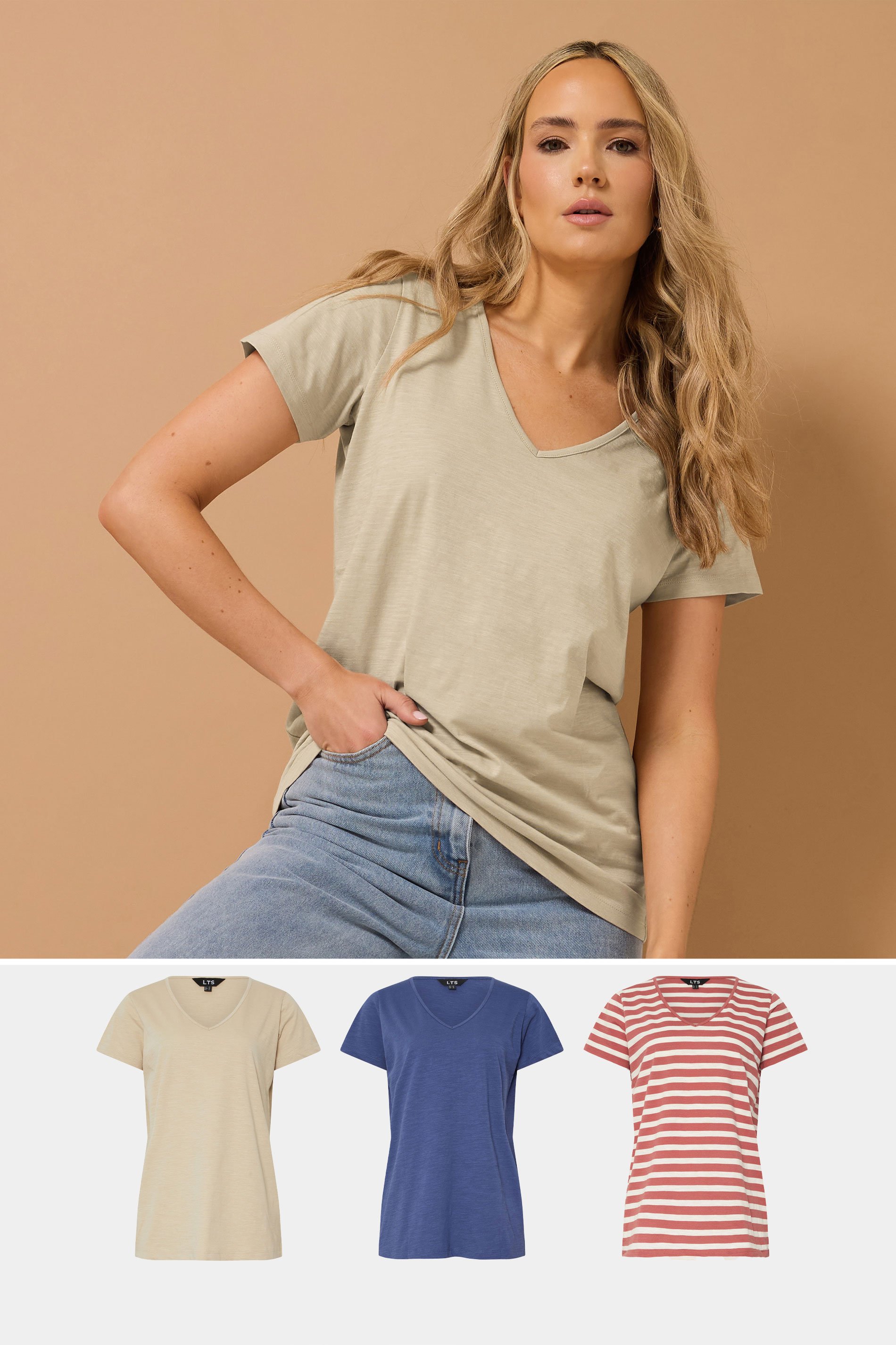 LTS Tall 3 PACK Blue & Coral Orange Stripe V-Neck T-Shirts | Long Tall Sally 1