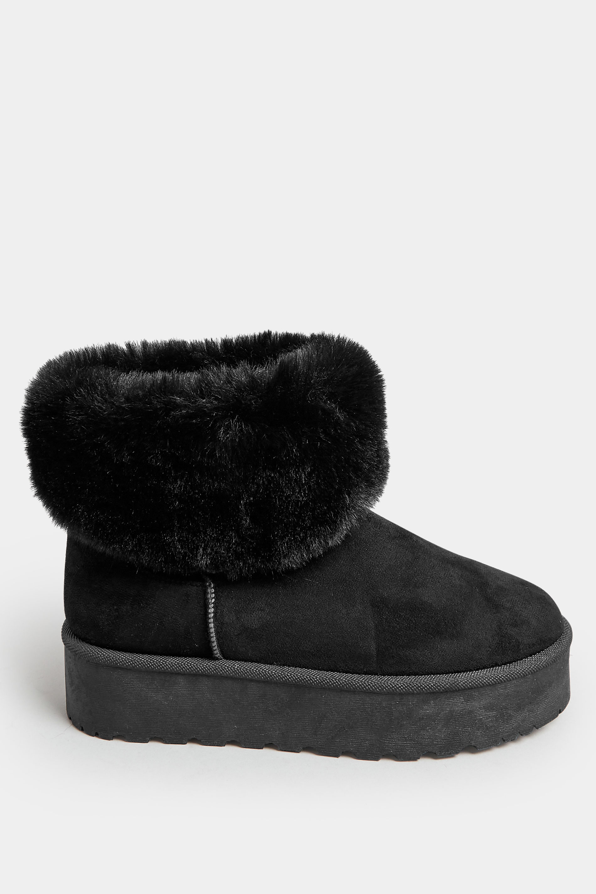 Black Platform Faux Fur Collared Boot in Wide E Fit | Yours Clothing 3