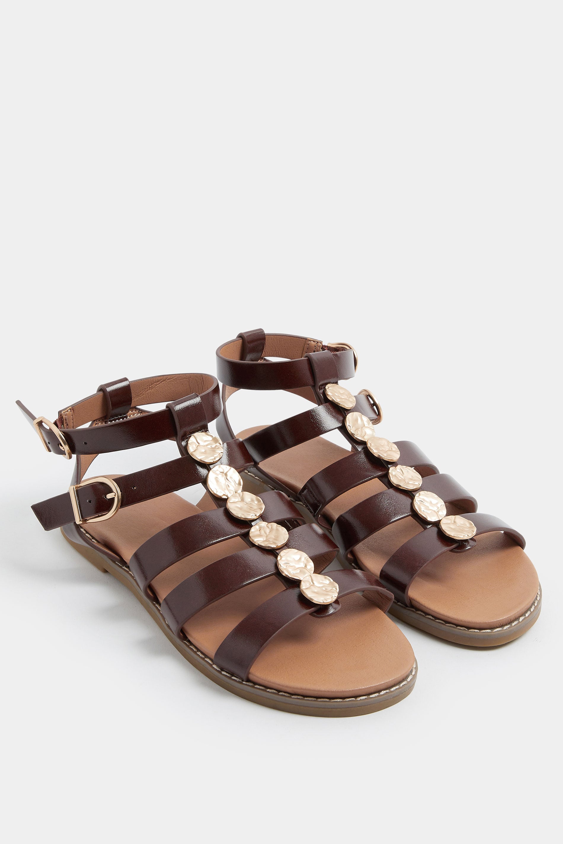 Chocolate Brown Hammered Disk Gladiator Sandals In Wide E Fit | Yours Clothing 3