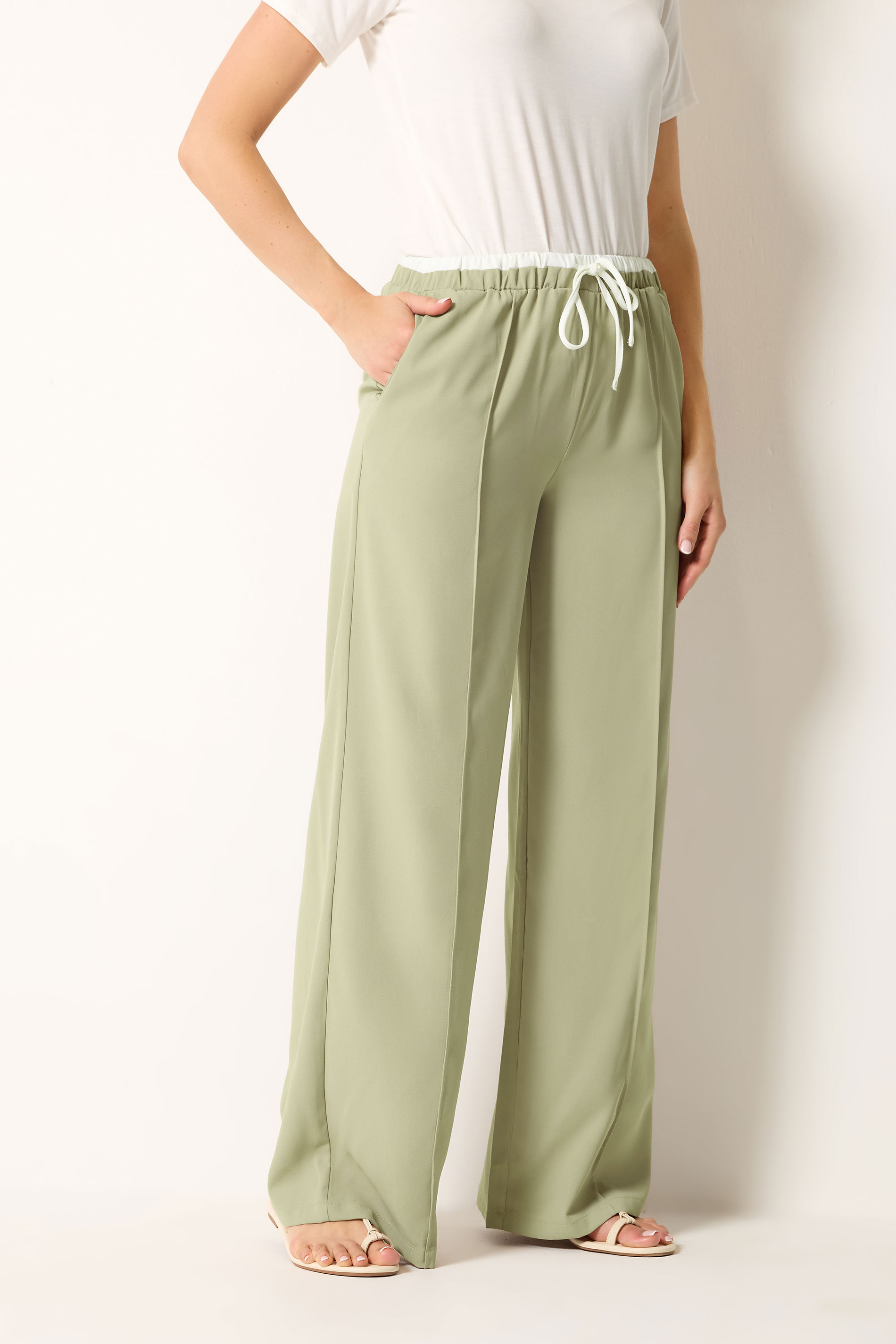 LTS Tall Women's Natural Brown Contrast Waist Wide Leg Trousers | Long Tall Sally 1