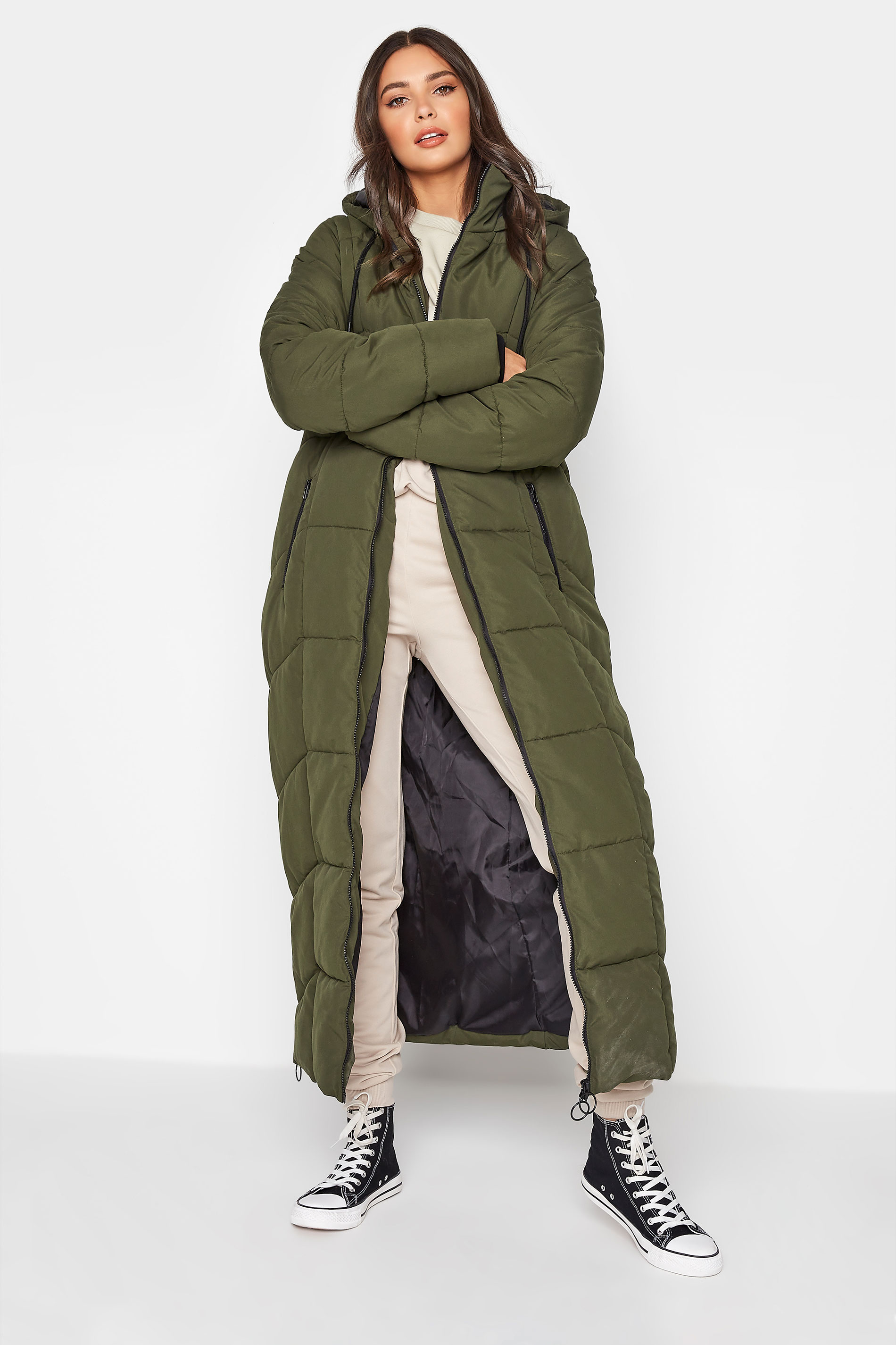 Long khaki padded coat sale