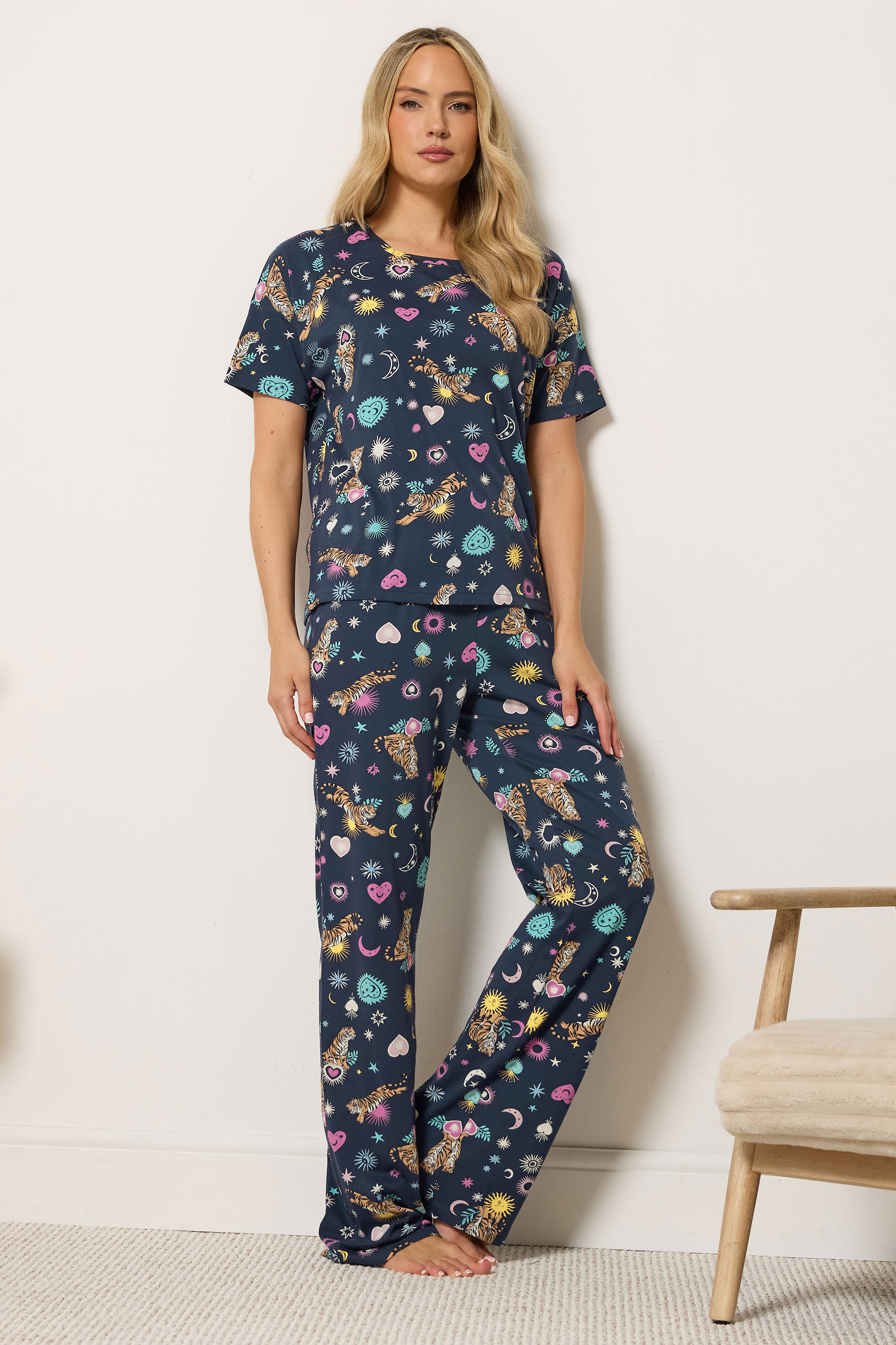 LTS Tall Women's Navy Blue Celestial Tiger Cotton Wide Leg Pyjama Set | Long Tall Sally 3