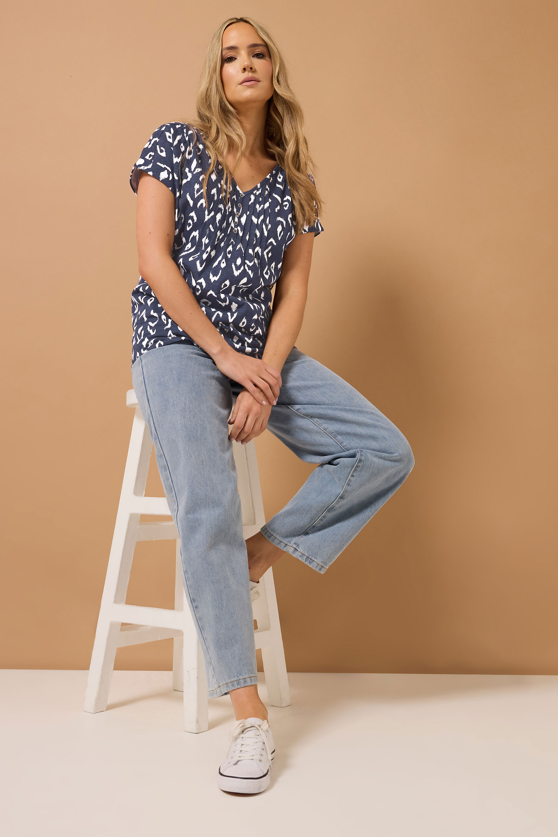 LTS Tall 2 PACK Navy Blue & White Abstract Cotton Henley Tops | Long Tall Sally 5