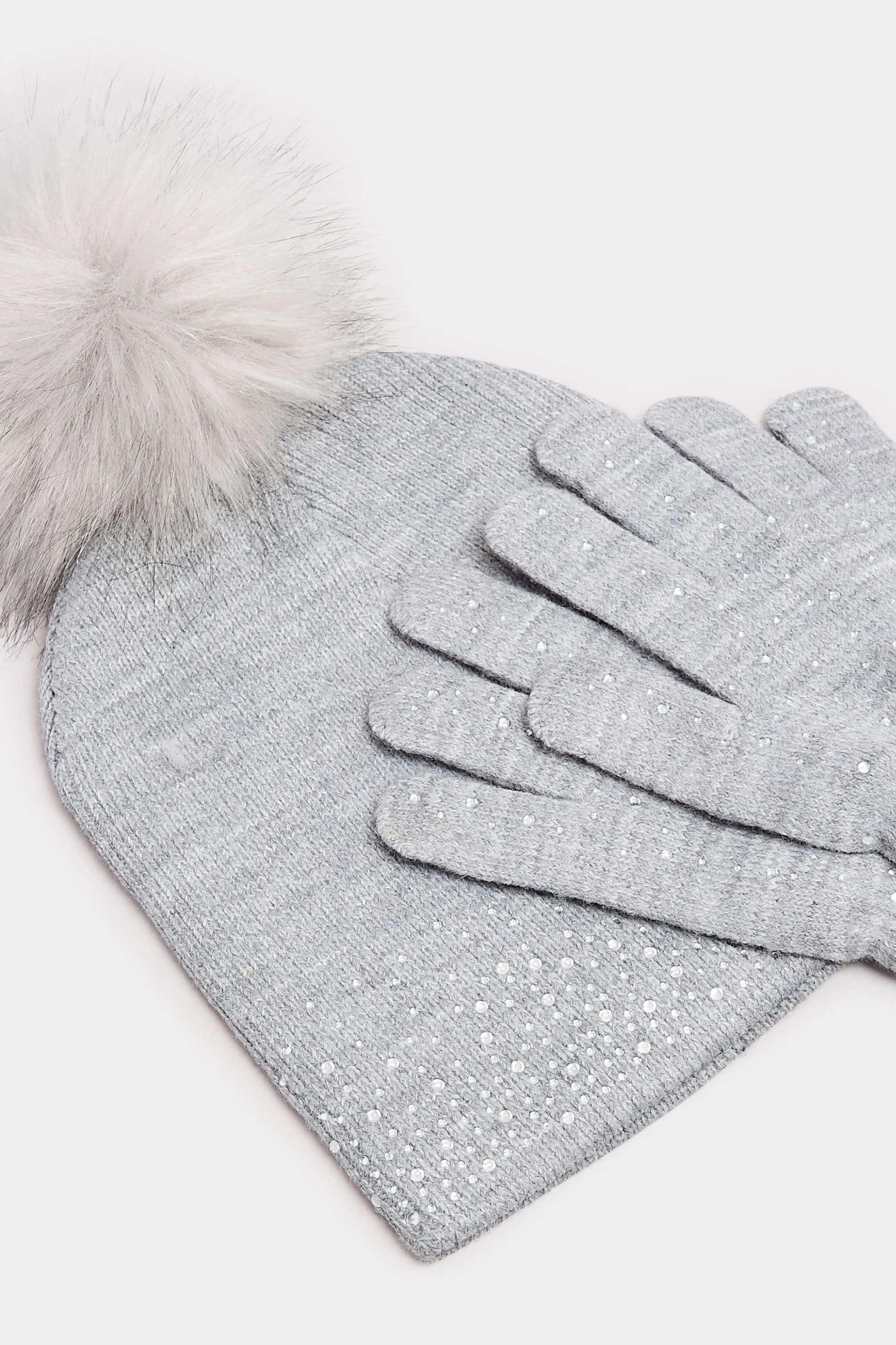 Grey Diamante Embellished Bobble Hat & Glove Set | Yours Clothing 3