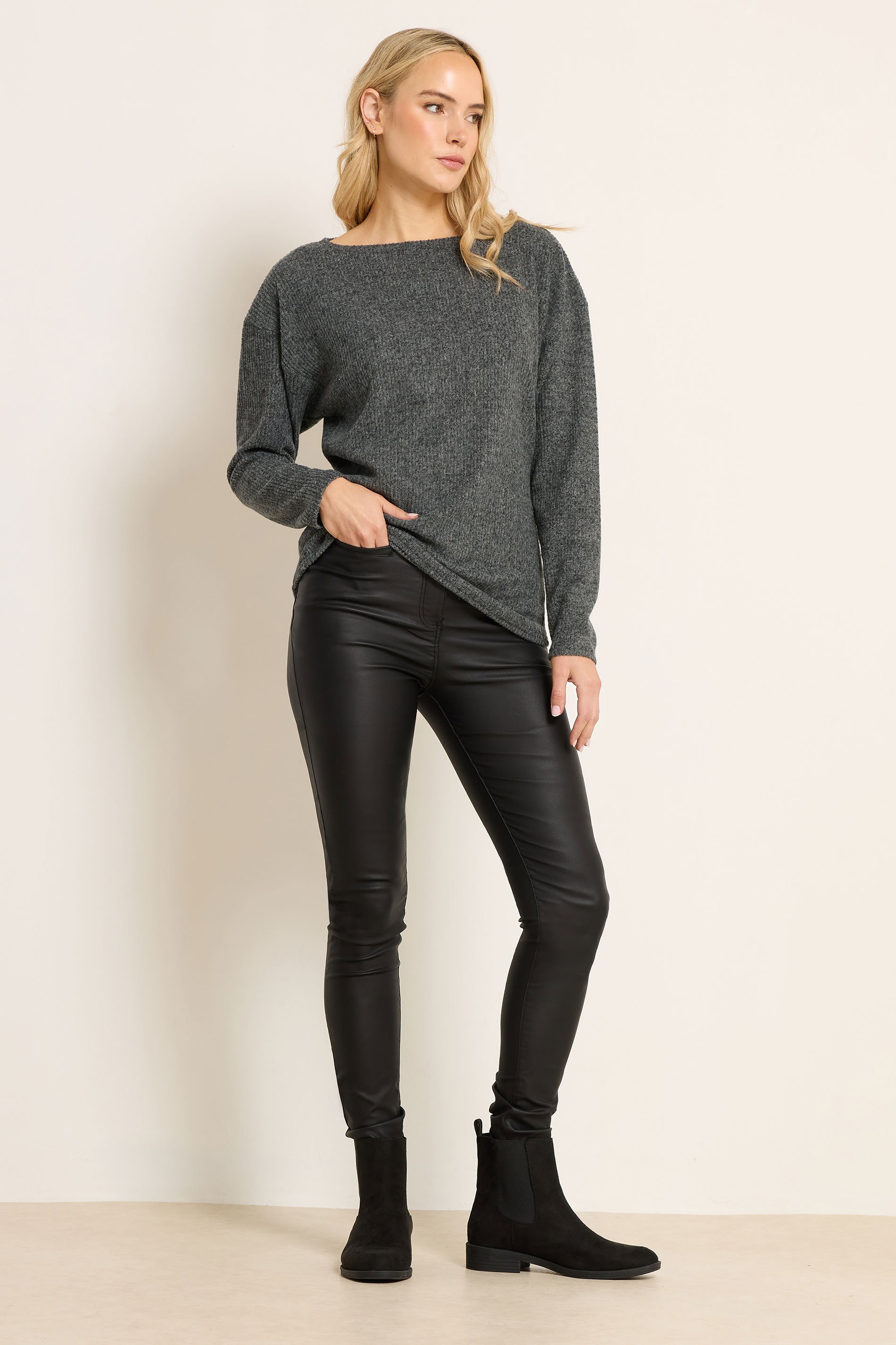 LTS Tall Charcoal Grey Ribbed Soft Touch Batwing Top | Long Tall Sally 2