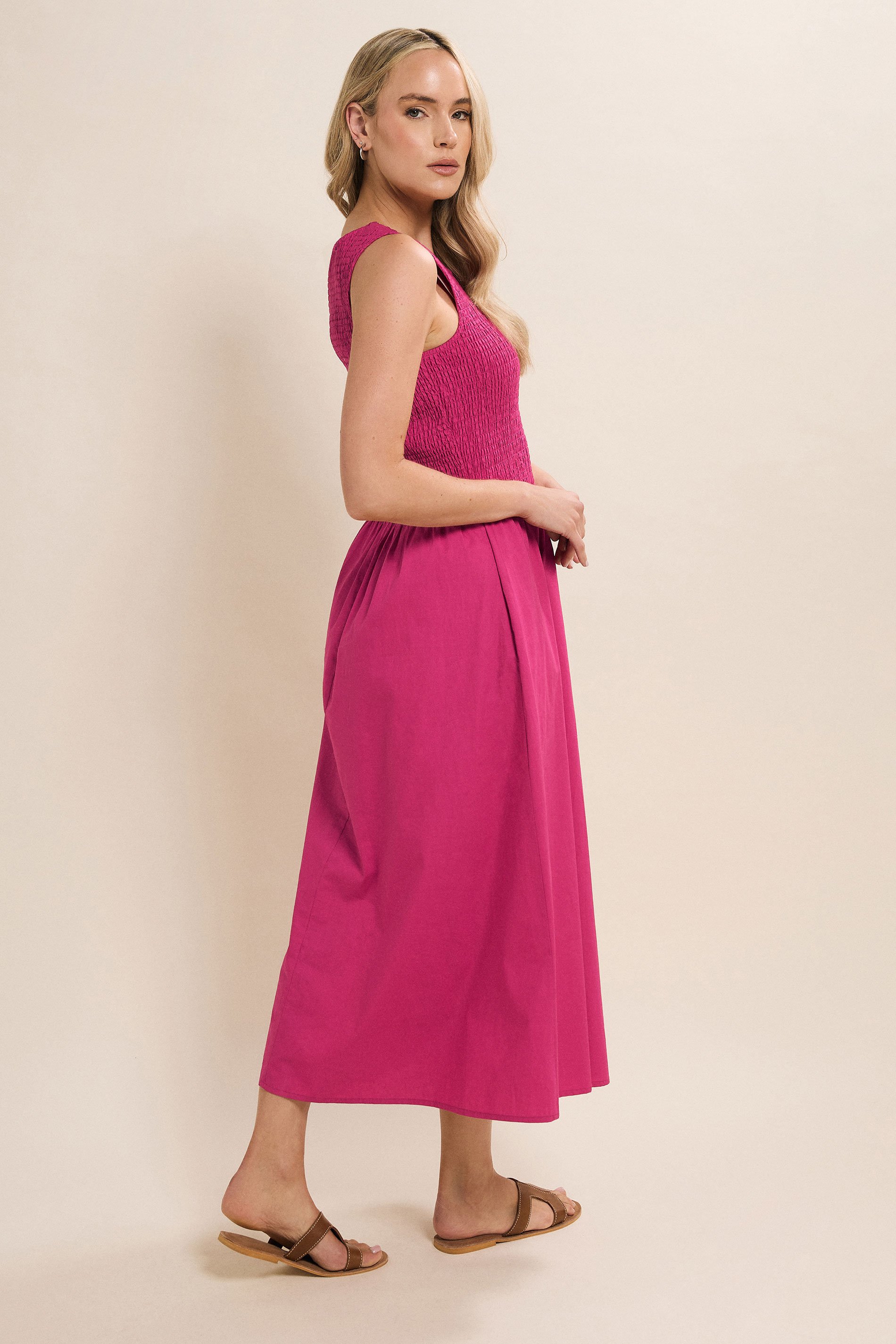 LTS Tall Hot Pink Cotton Shirred Full Skirt Midaxi Dress | Long Tall Sally 4