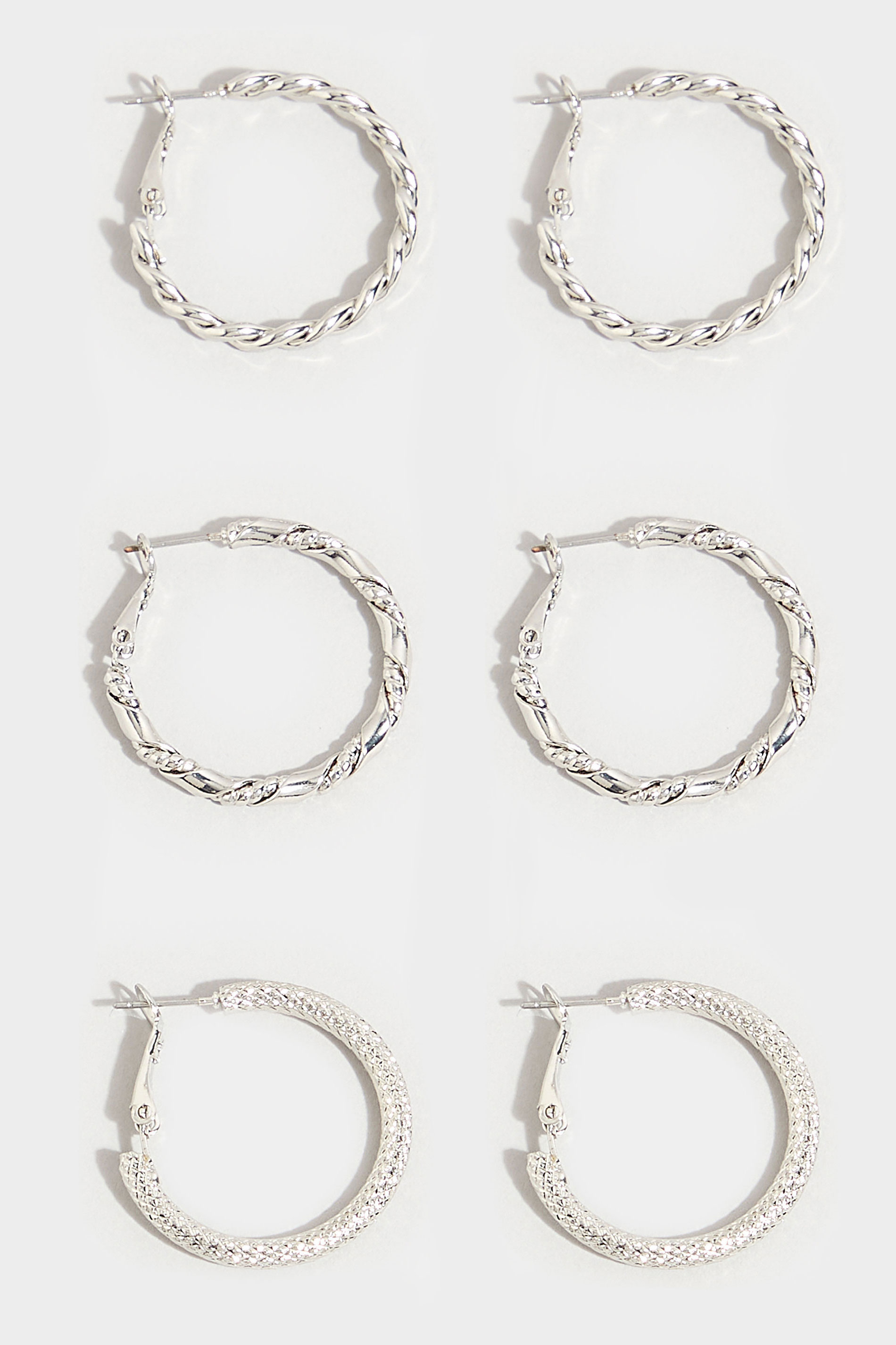 3 PACK Silver Twisted Hoop Earrings | Yours Clothing 3