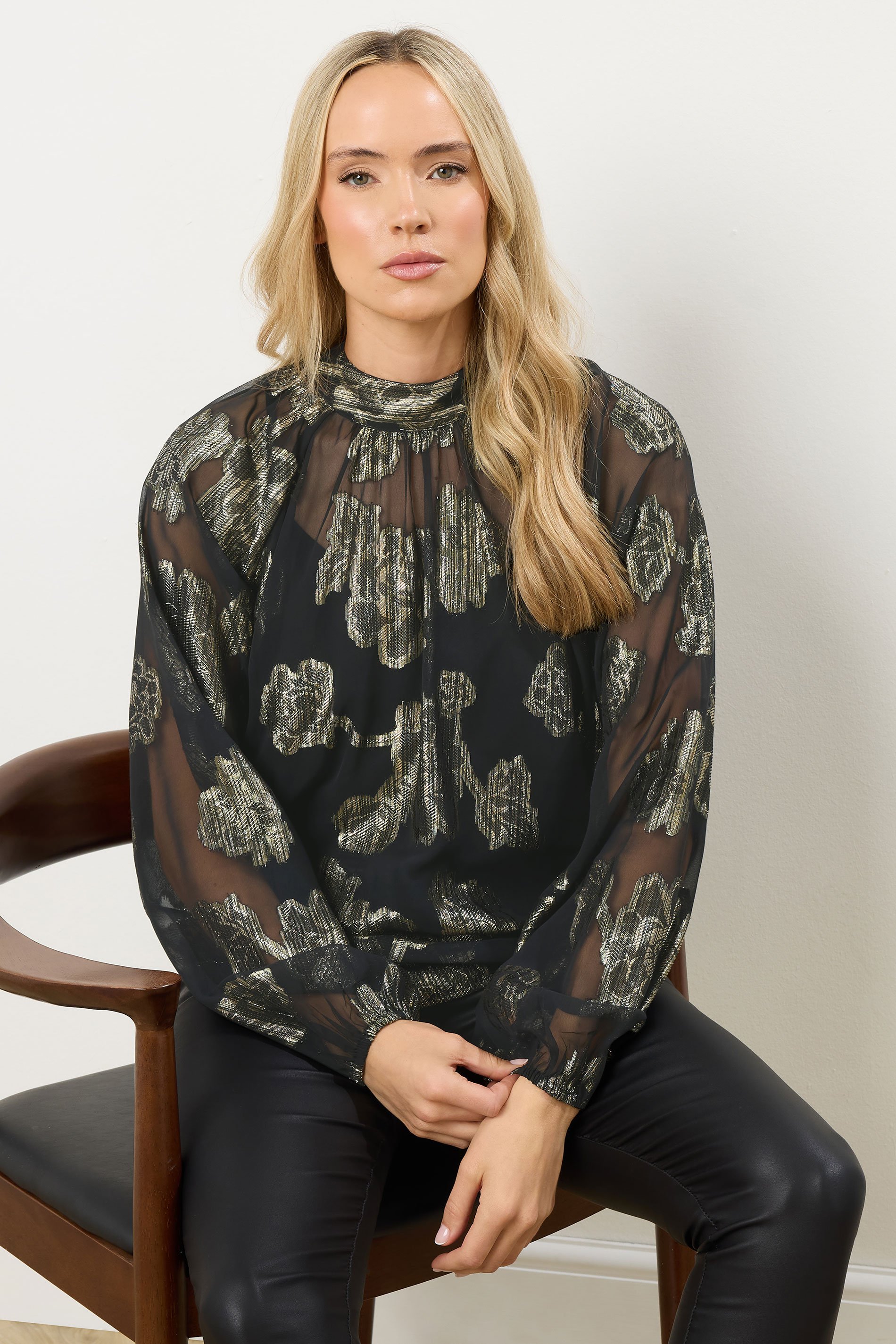 LTS Tall Black Floral Jacquard High Neck Blouse | Long Tall Sally 1