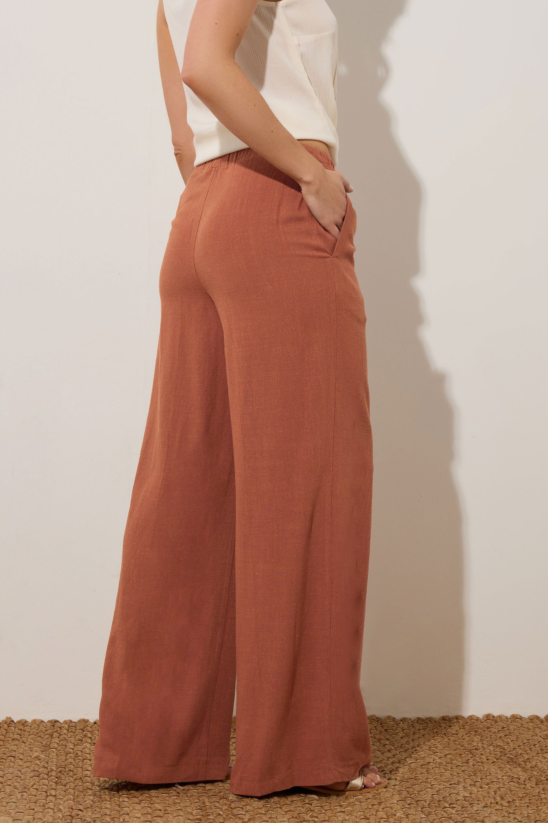 LTS Tall Rust Orange Linen Tie Waist Trousers | Long Tall Sally 4