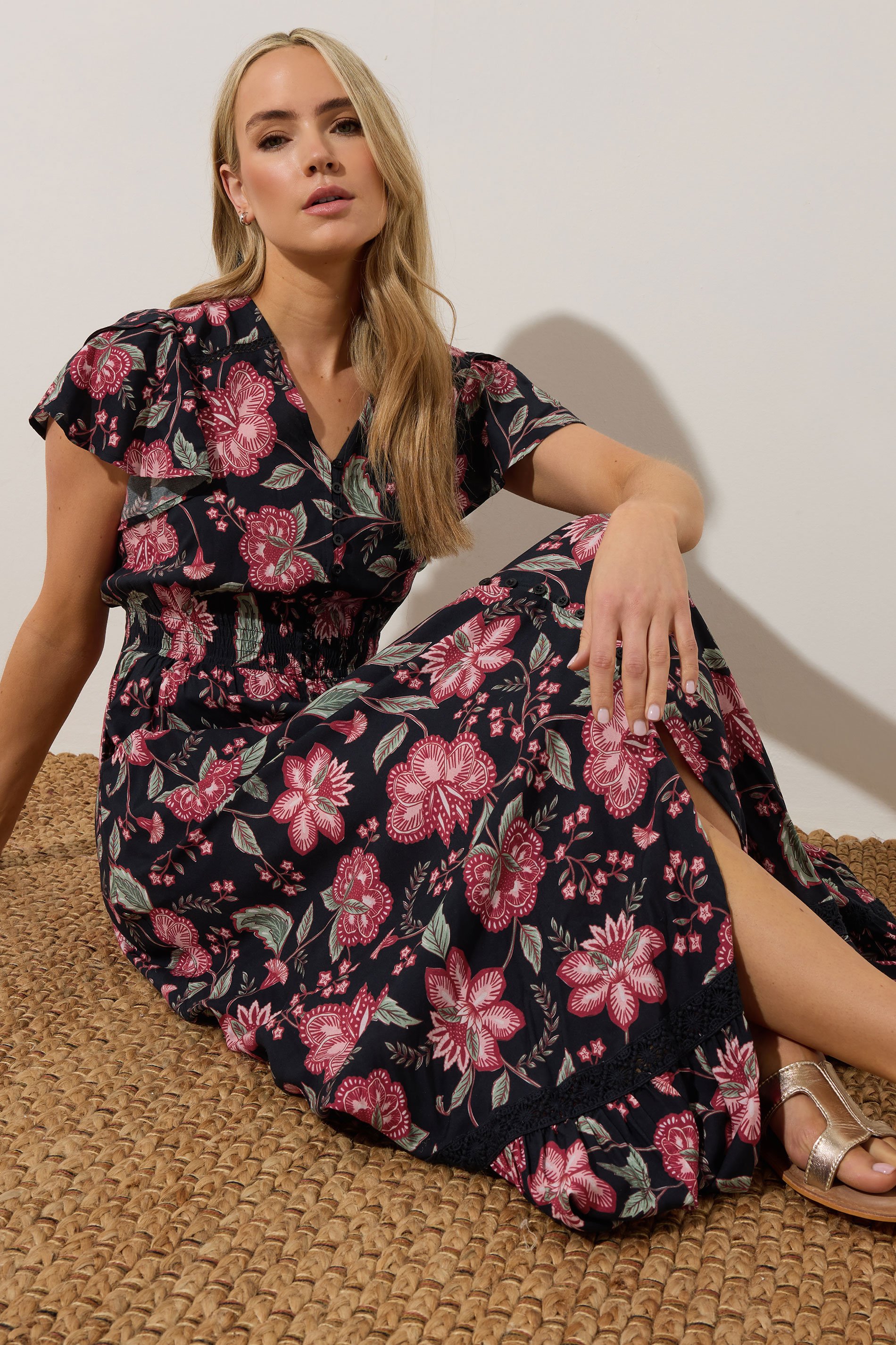 LTS Tall Black Floral Button Lace Insert Maxi Dress | Long Tall Sally 3