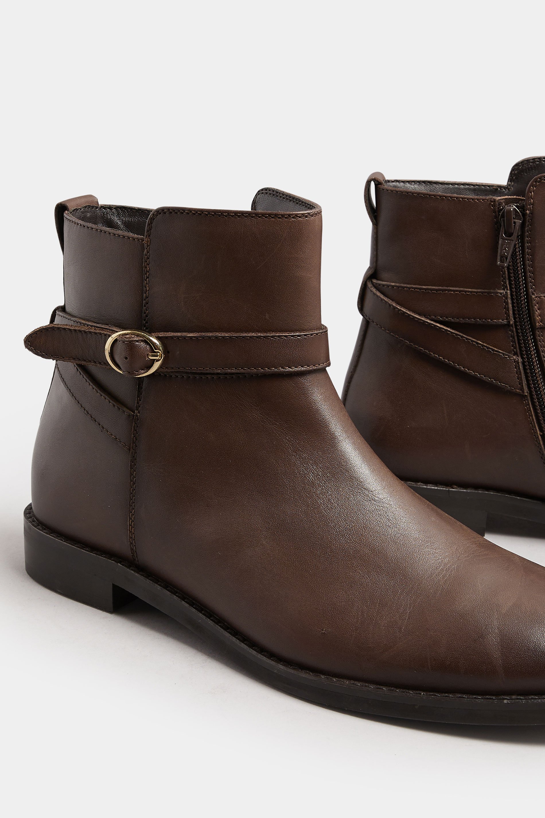 LTS Brown Leather Buckle Detail Ankle Boots In Standard Fit | Long Tall Sally 6