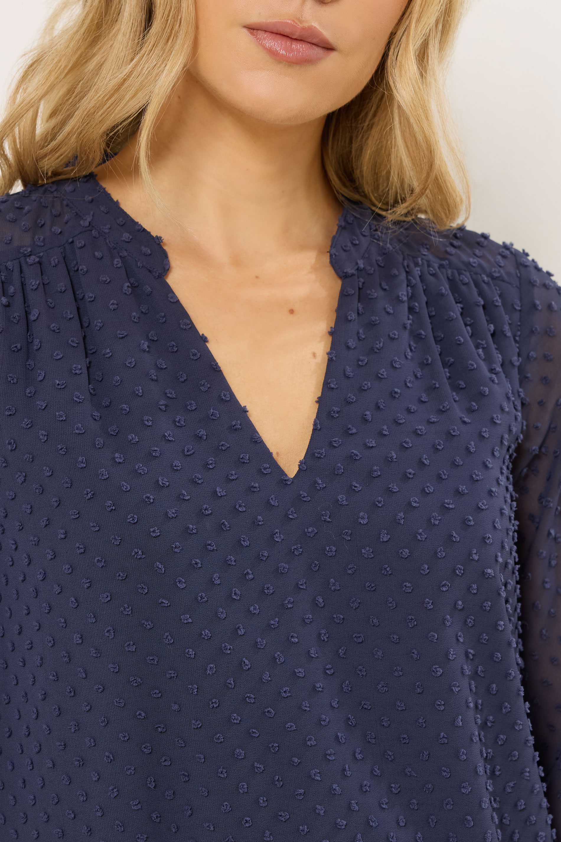 LTS Tall Women's Navy Blue Dobby Spot Shirred Cuff Top | Long Tall Sally 4