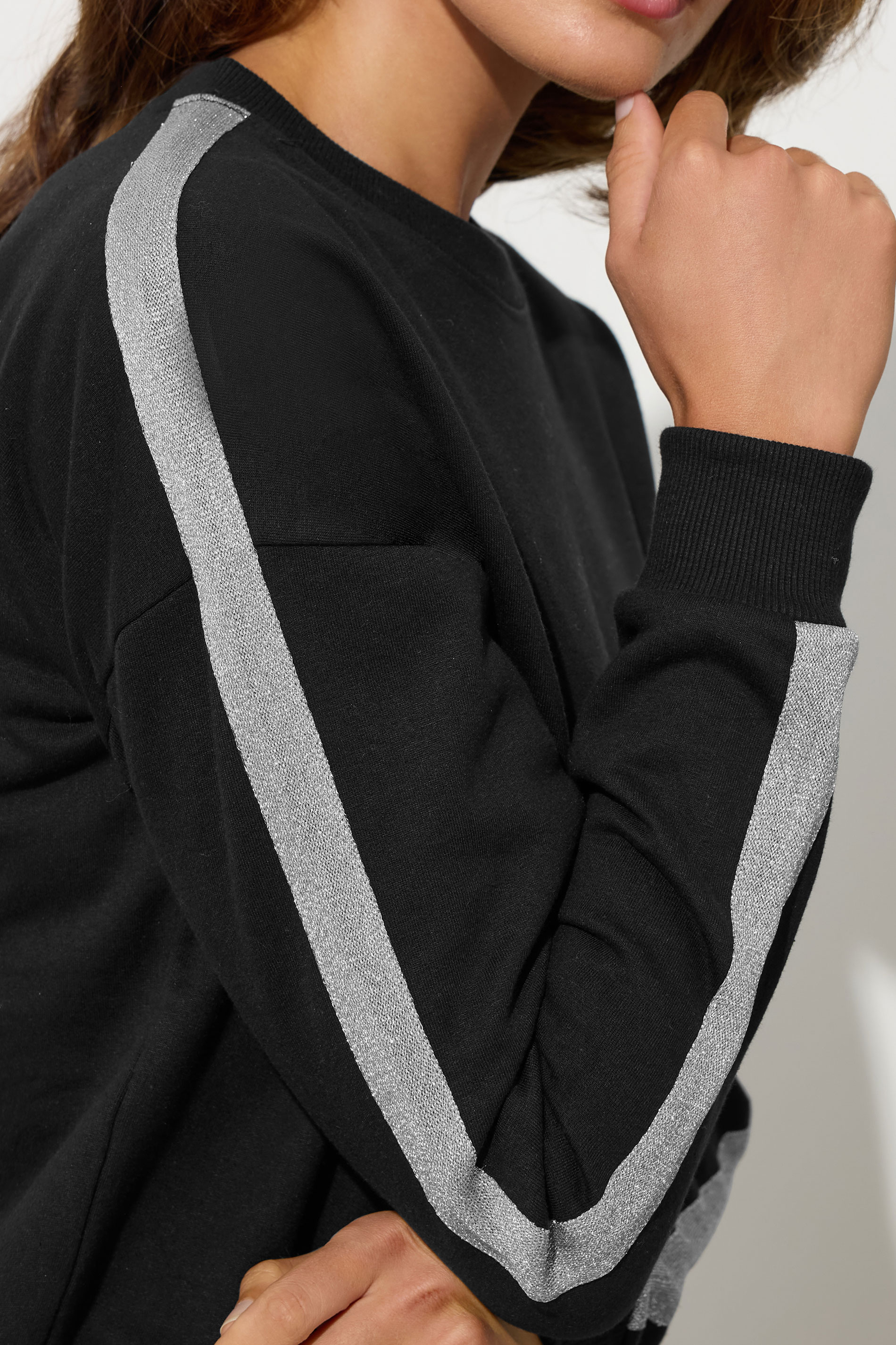 LTS Tall Black Lurex Side Stripe Crew Neck Sweatshirt | Long Tall Sally 5