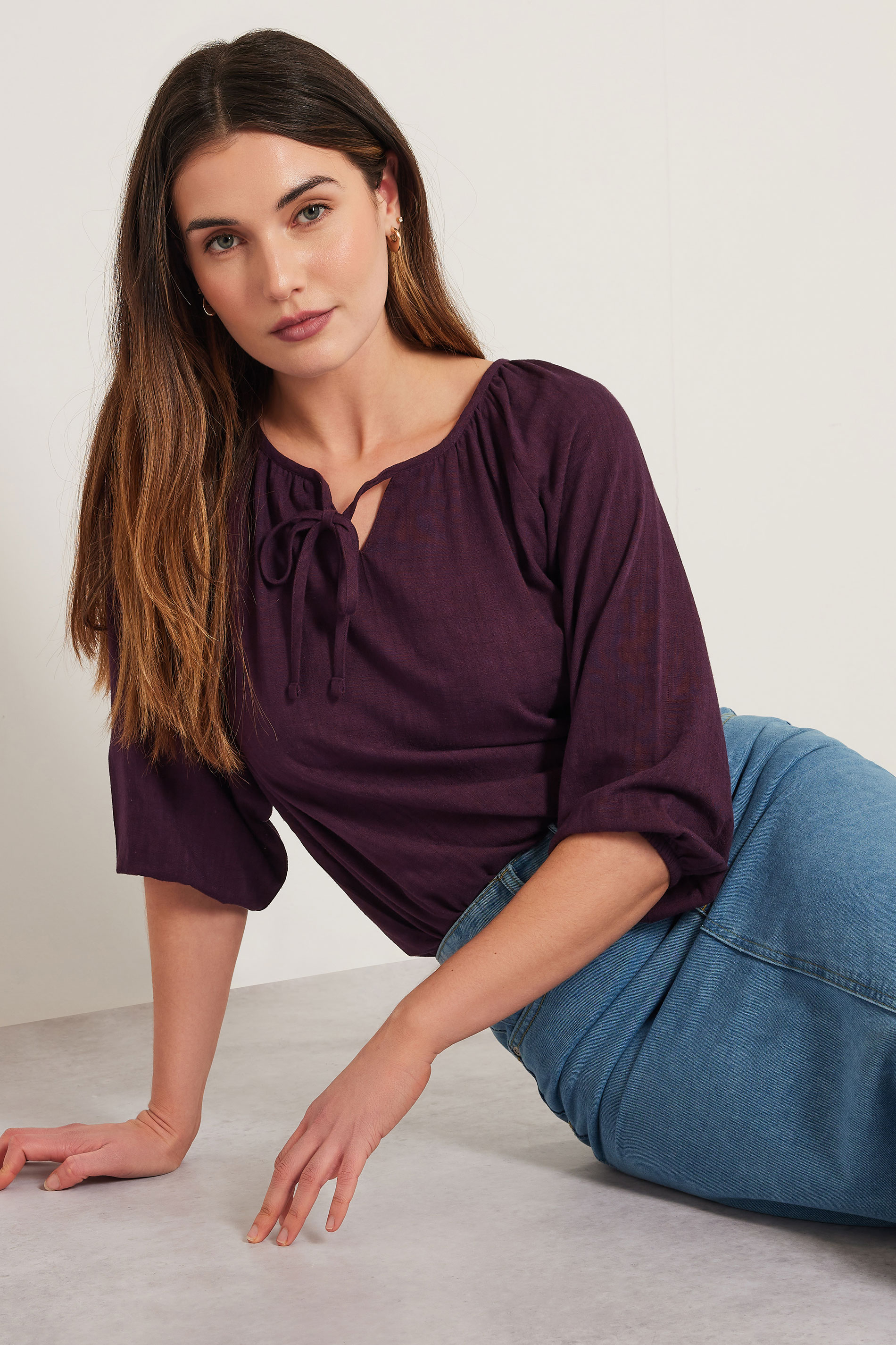 LTS Tall Dark Purple Linen Tie Front Top | Long Tall Sally 5