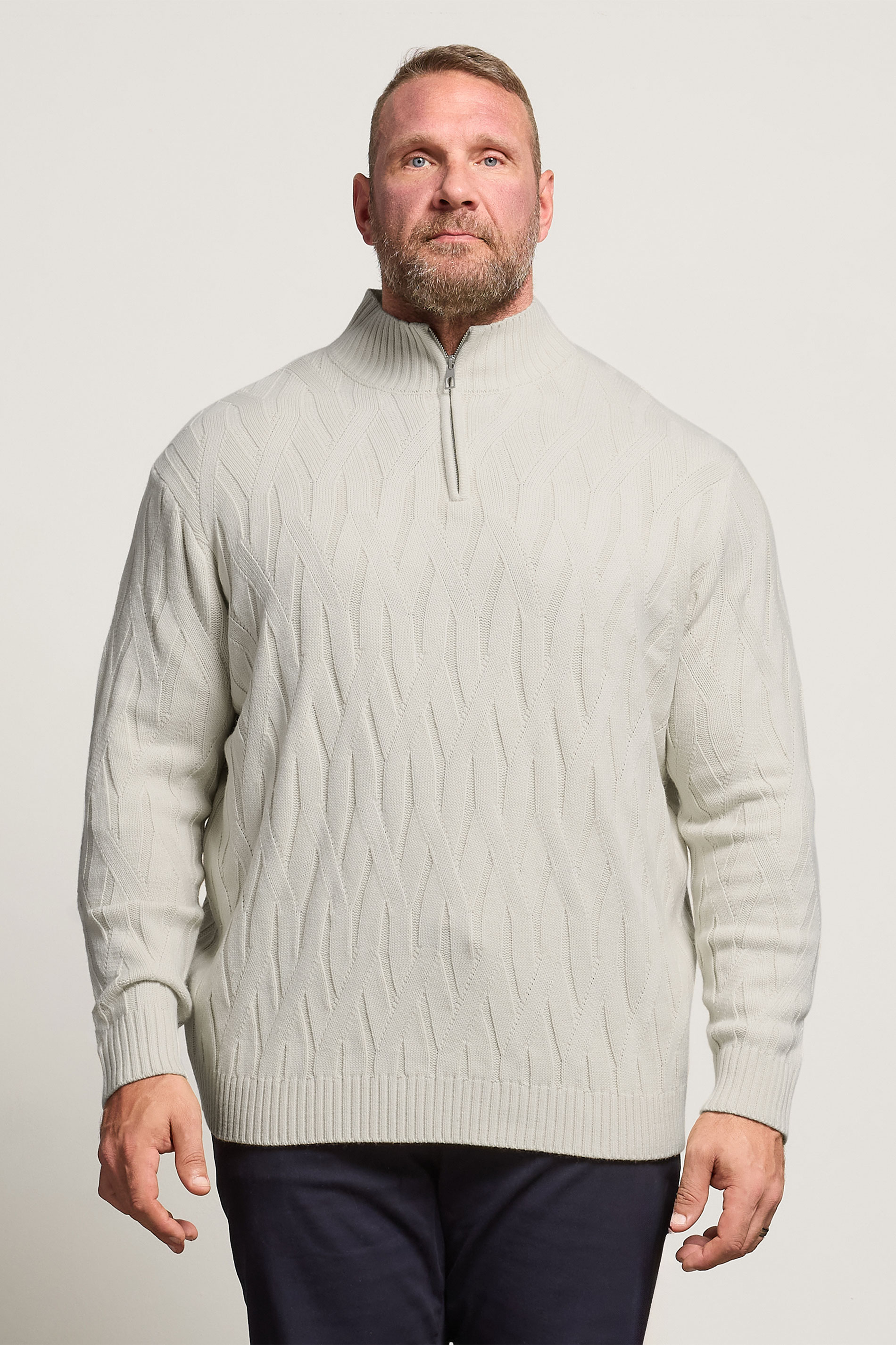 BadRhino Big & Tall Marshmallow Cream Cable Knit Quarter Zip Jumper | BadRhino 3