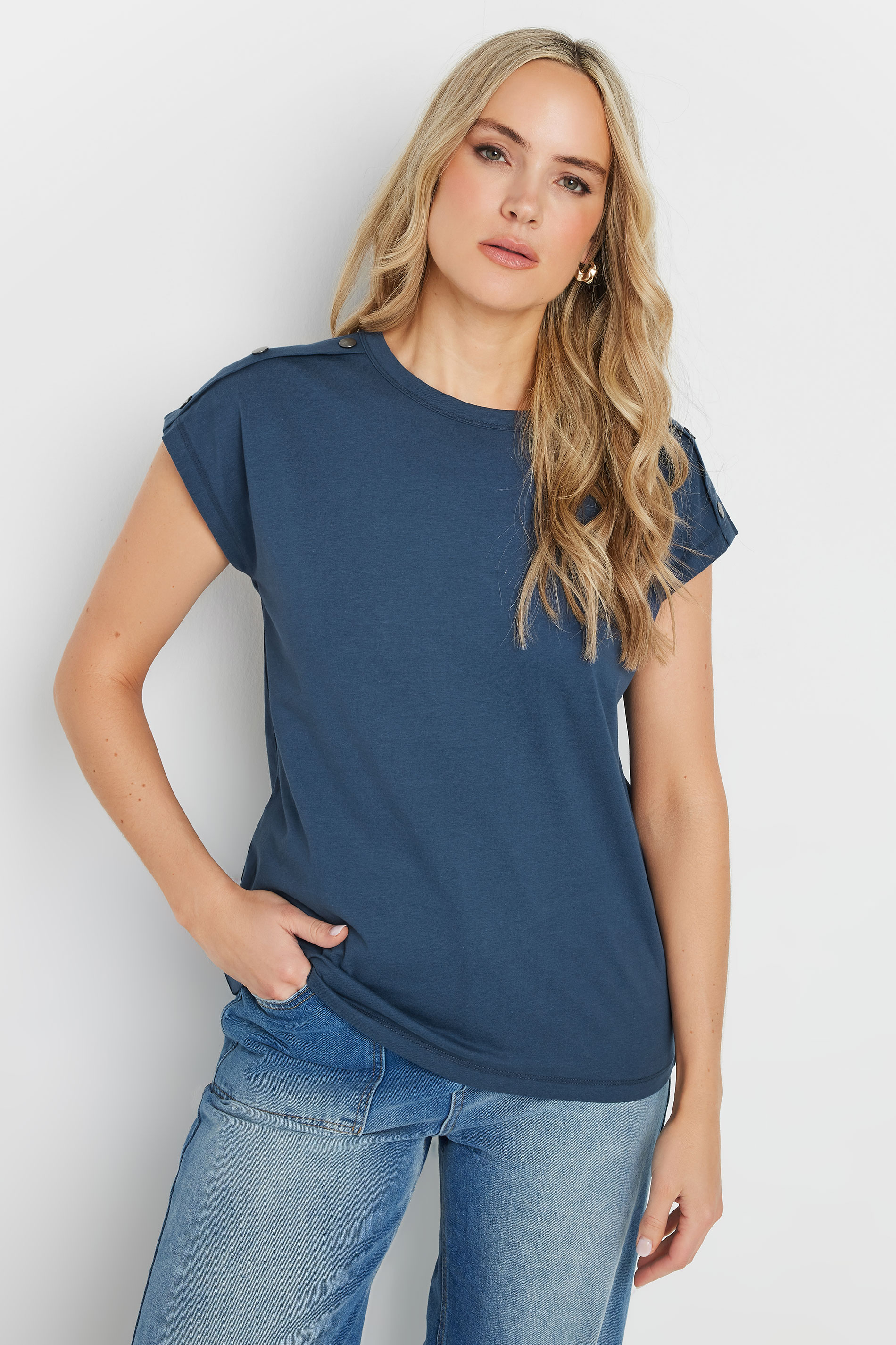 LTS Tall Navy Blue Shoulder Button Short Sleeve T-Shirt | Long Tall Sally 1
