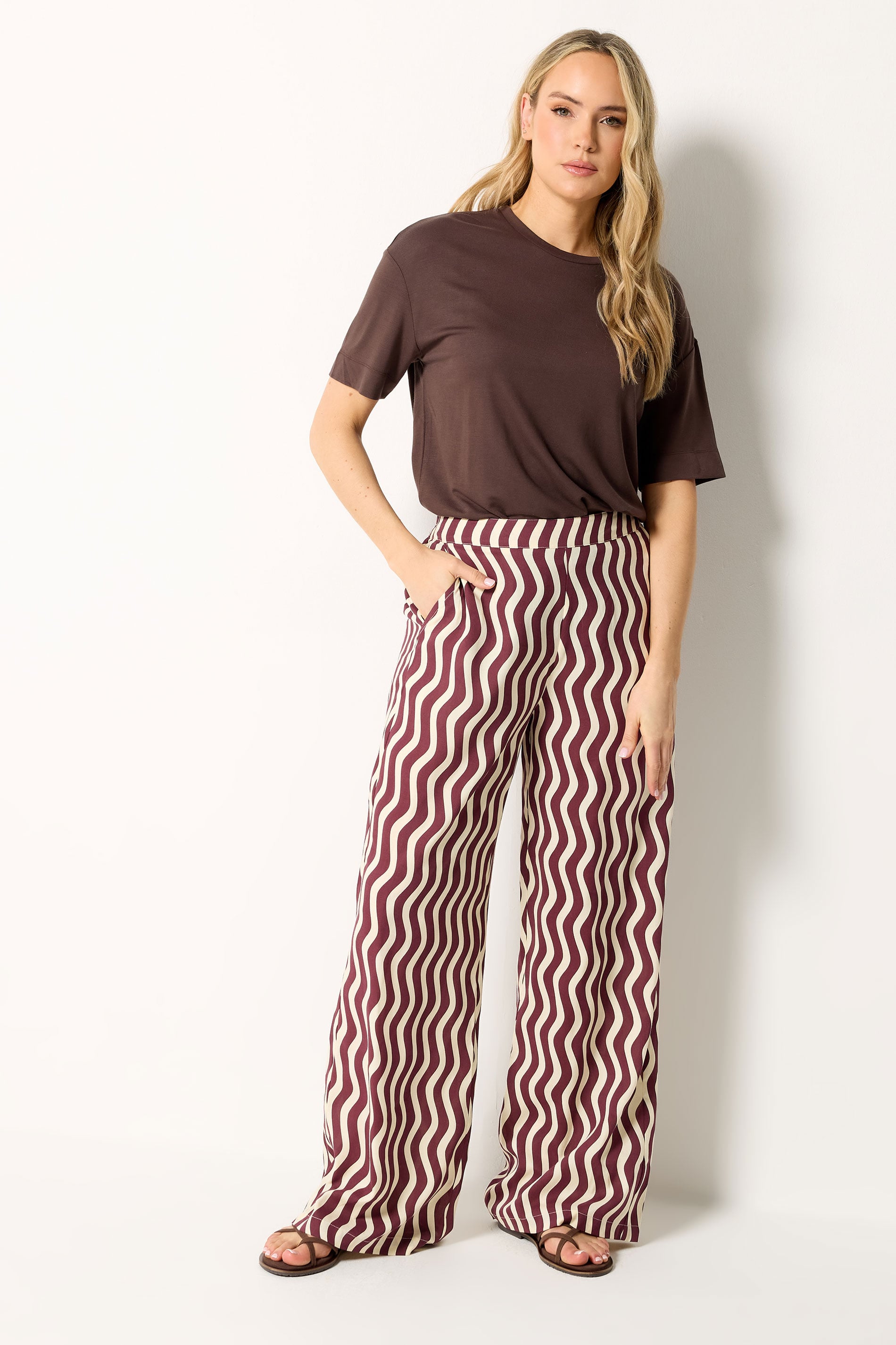Lts Women's Red Tall Burgundy Wavy Print Wide Leg Trousers Size Long 22