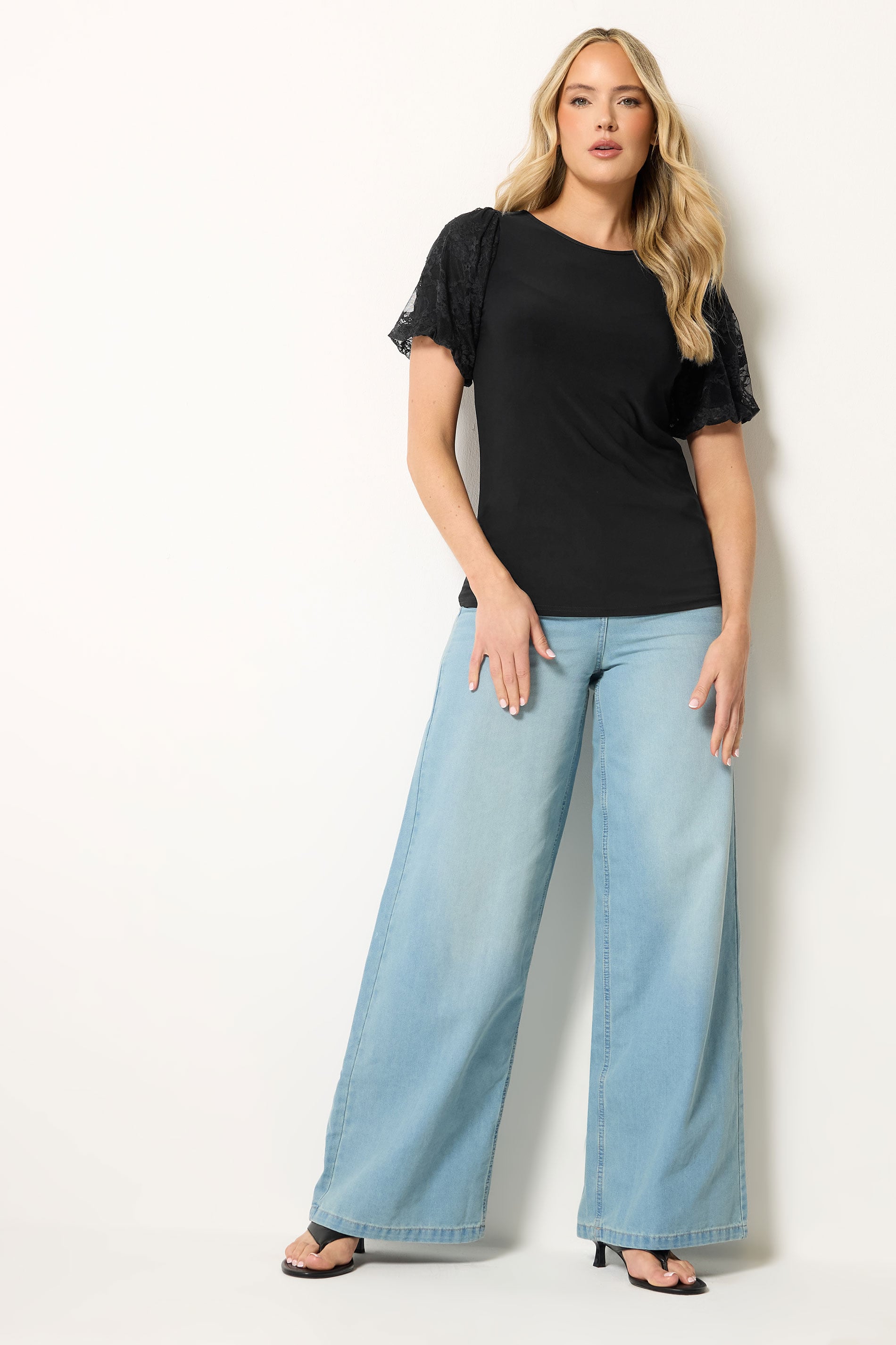 LTS Tall Women's Black Lace Sleeve T-Shirt | Long Tall Sally 1